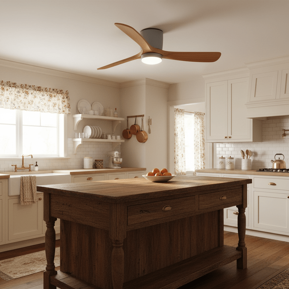 Ventilateur de plafond en bois nordique Ezra avec lumière, finition noire, ajoutant une touche audacieuse.