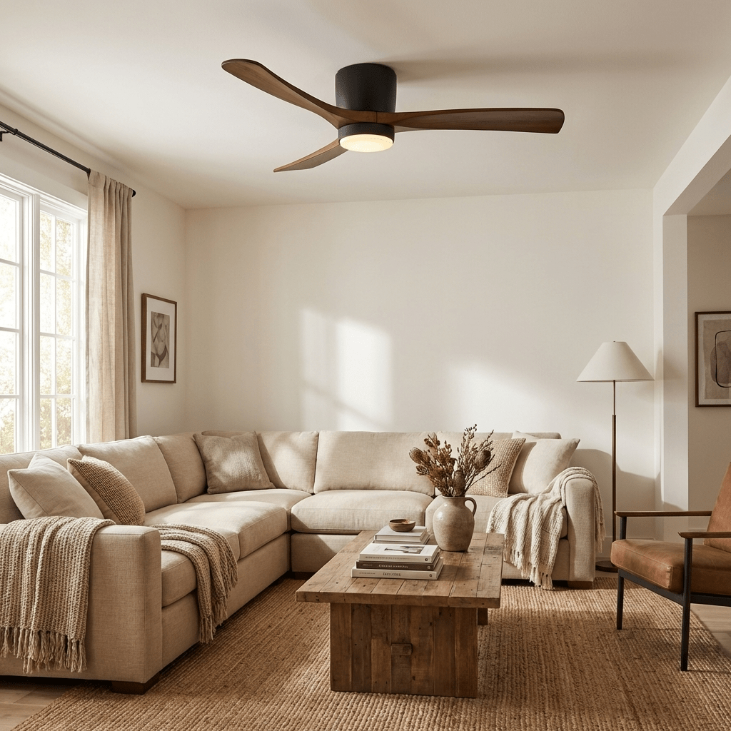 Détail du moteur DC silencieux et du design élégant du ventilateur nordique Ezra.