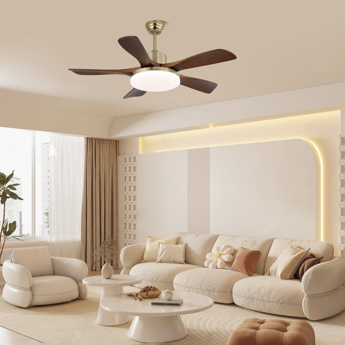 Ventilateur de plafond contemporain avec pales en bois de noyer et LED intégrée