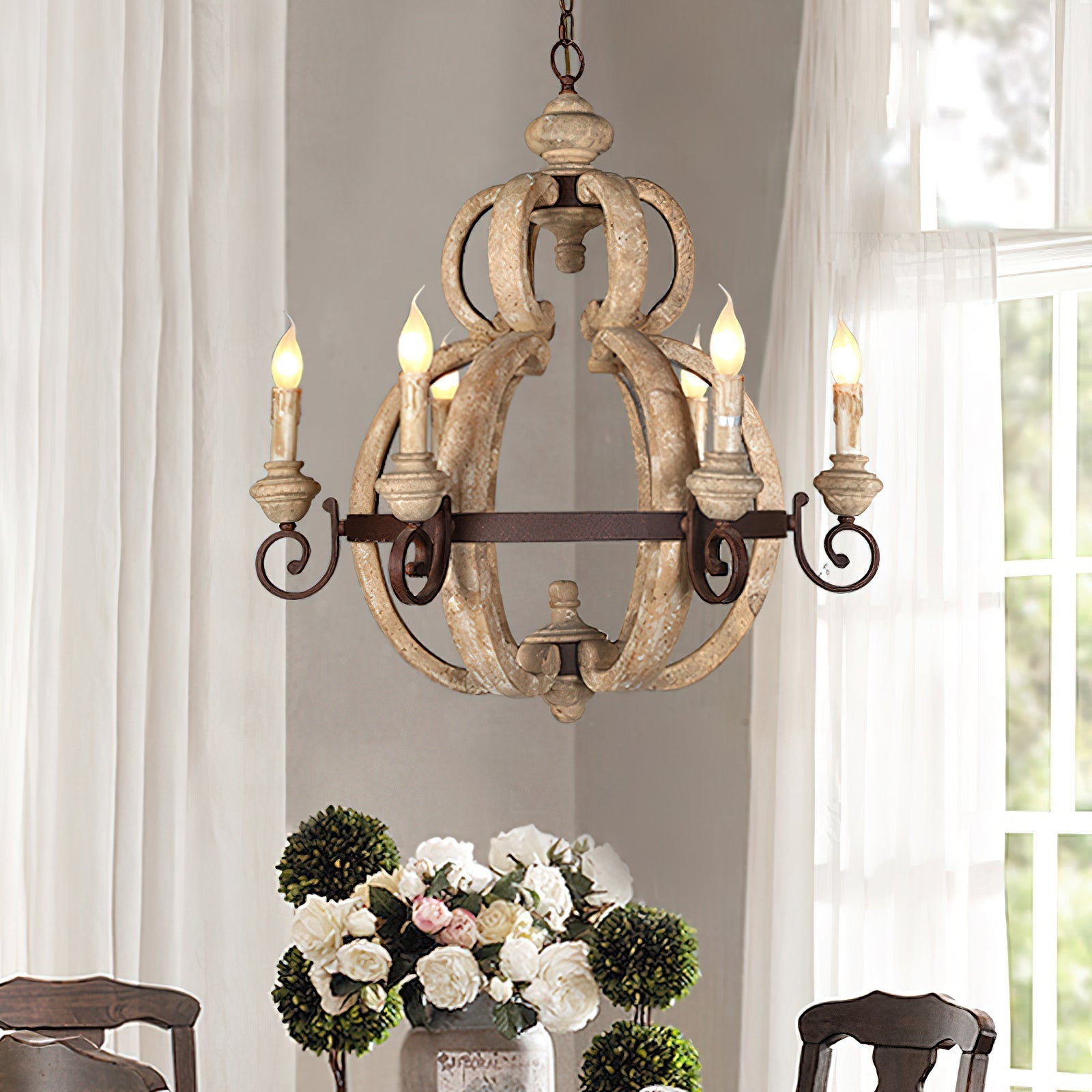 Cumaryra Traditional Hand-carved Wooden Metal Chandelier - Lamp Copper