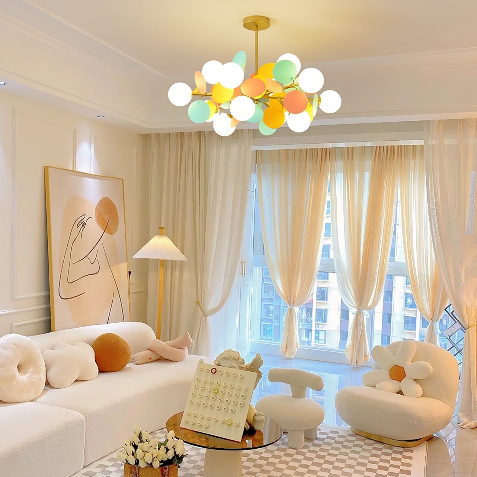 Lustra Chandelier Arbre Blanc Cassé à Huit Abat-jours Ouverts - Neutralighting