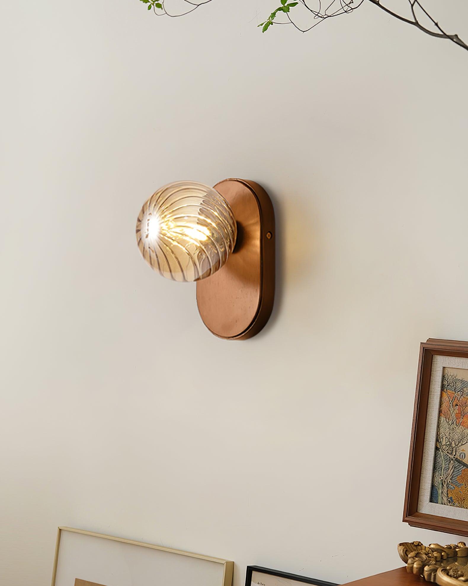 Wall Lamp Wood Body Amber Ribbed Glass Globe Walnut Color Modern Accent - Letslighting