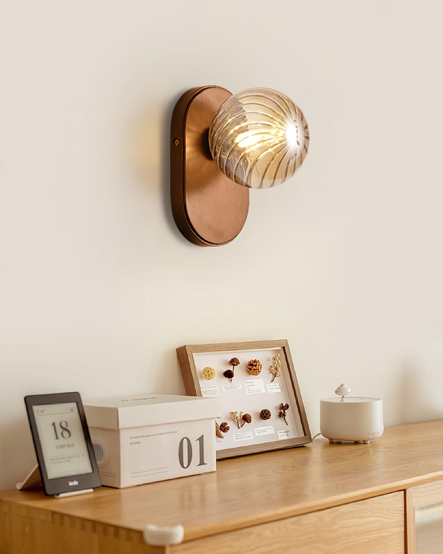 Wall Lamp Wood Body Amber Ribbed Glass Globe Walnut Color Modern Accent - Letslighting