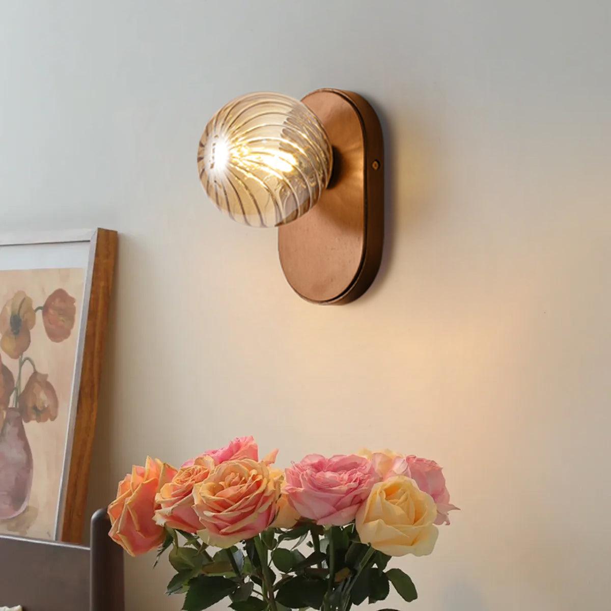 Wall Lamp Wood Body Amber Ribbed Glass Globe Walnut Color Modern Accent - Letslighting