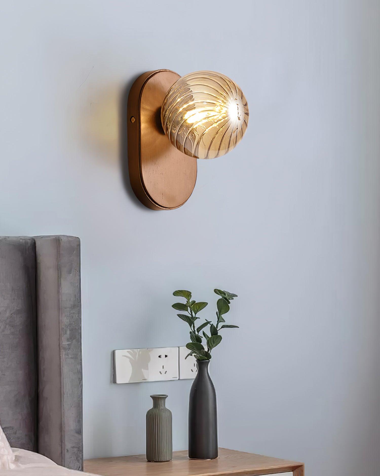 Wall Lamp Wood Body Amber Ribbed Glass Globe Walnut Color Modern Accent - Letslighting
