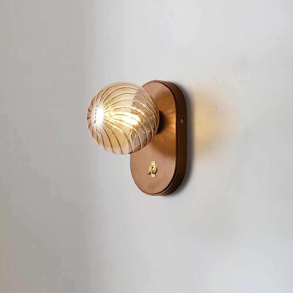 Wall Lamp Wood Body Amber Ribbed Glass Globe Walnut Color Modern Accent - Letslighting
