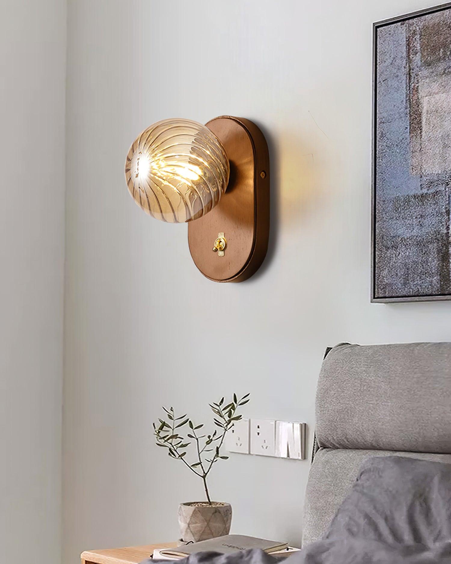 Wall Lamp Wood Body Amber Ribbed Glass Globe Walnut Color Modern Accent - Letslighting
