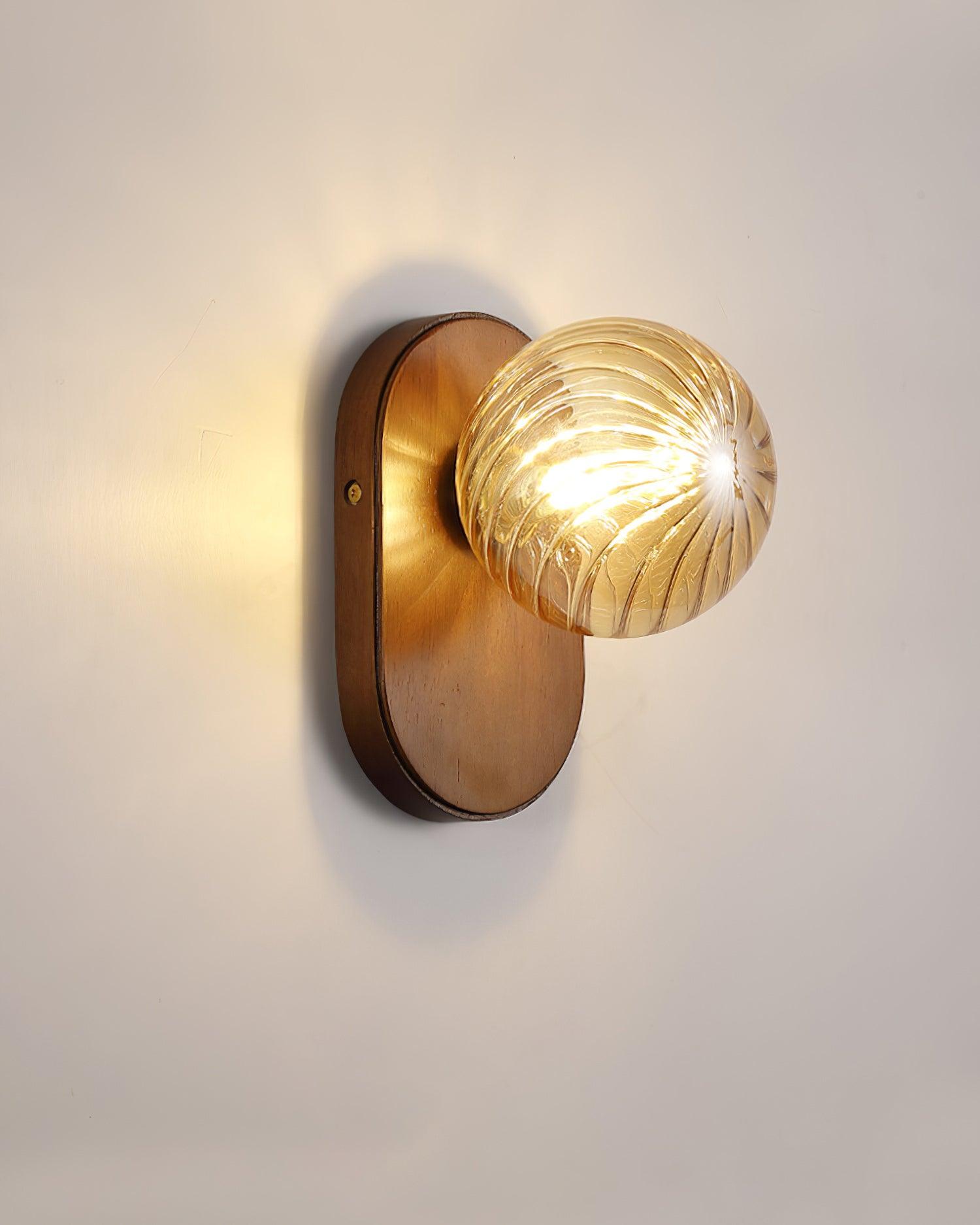 Wall Lamp Wood Body Amber Ribbed Glass Globe Walnut Color Modern Accent - Letslighting