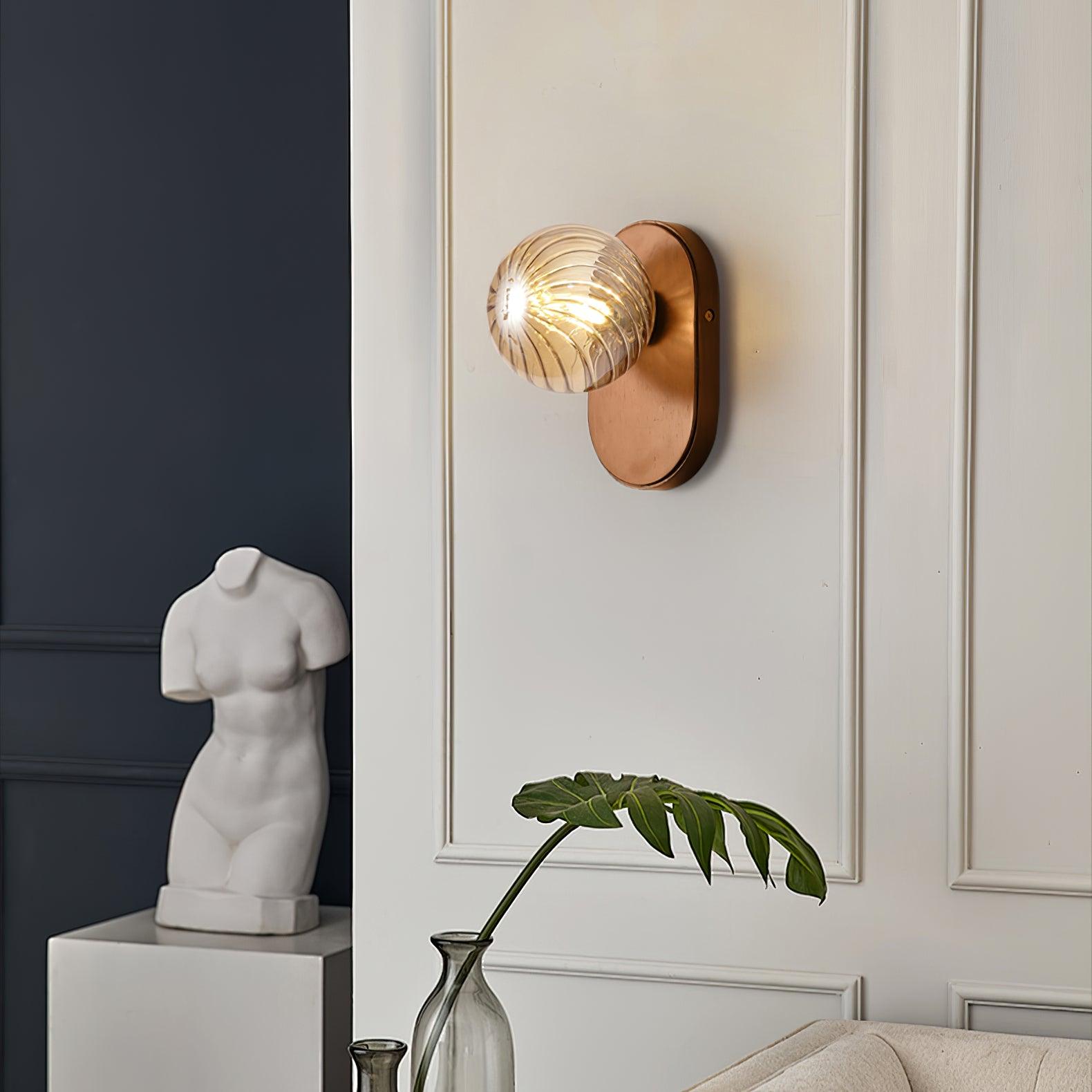 Wall Lamp Wood Body Amber Ribbed Glass Globe Walnut Color Modern Accent - Letslighting