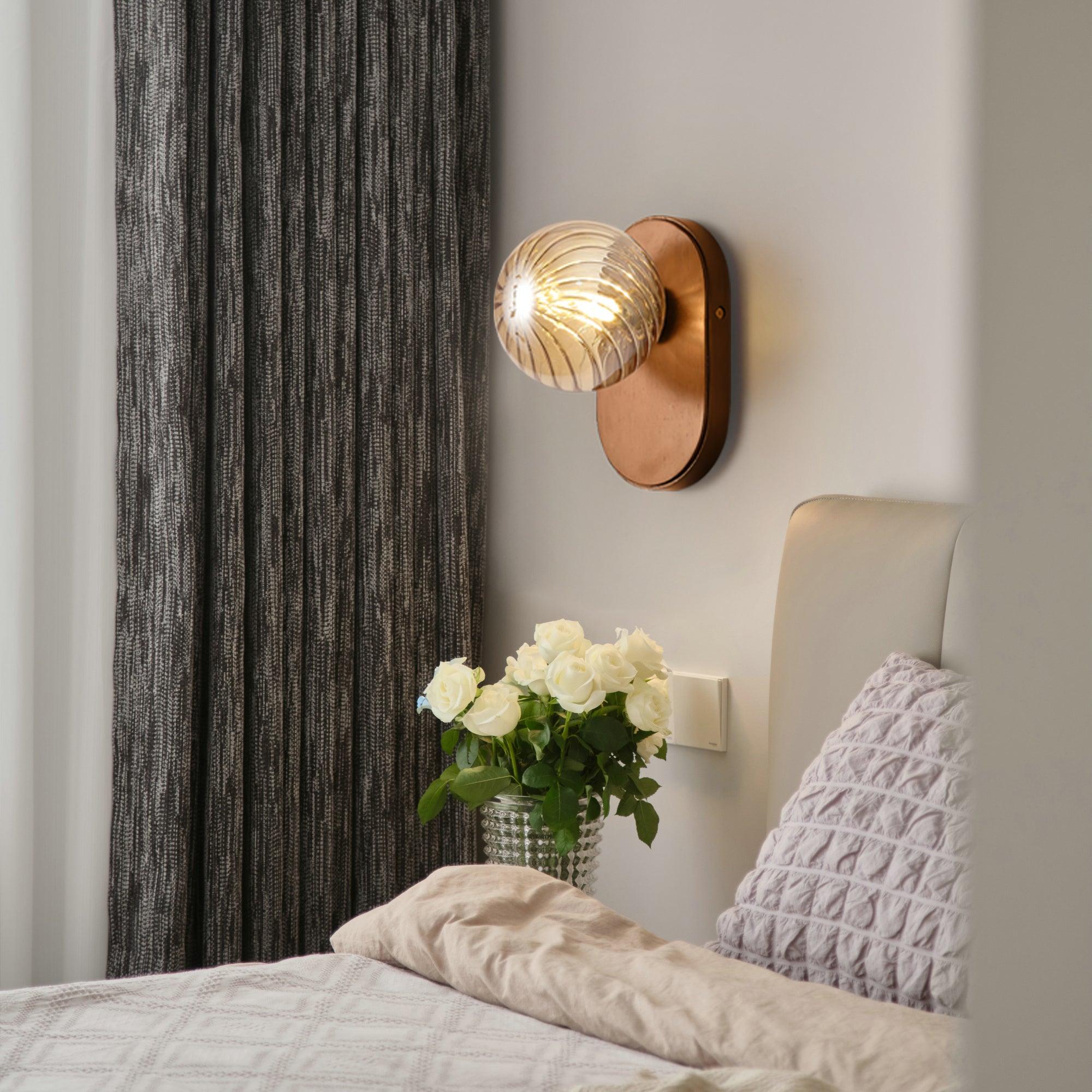Wall Lamp Wood Body Amber Ribbed Glass Globe Walnut Color Modern Accent - Letslighting