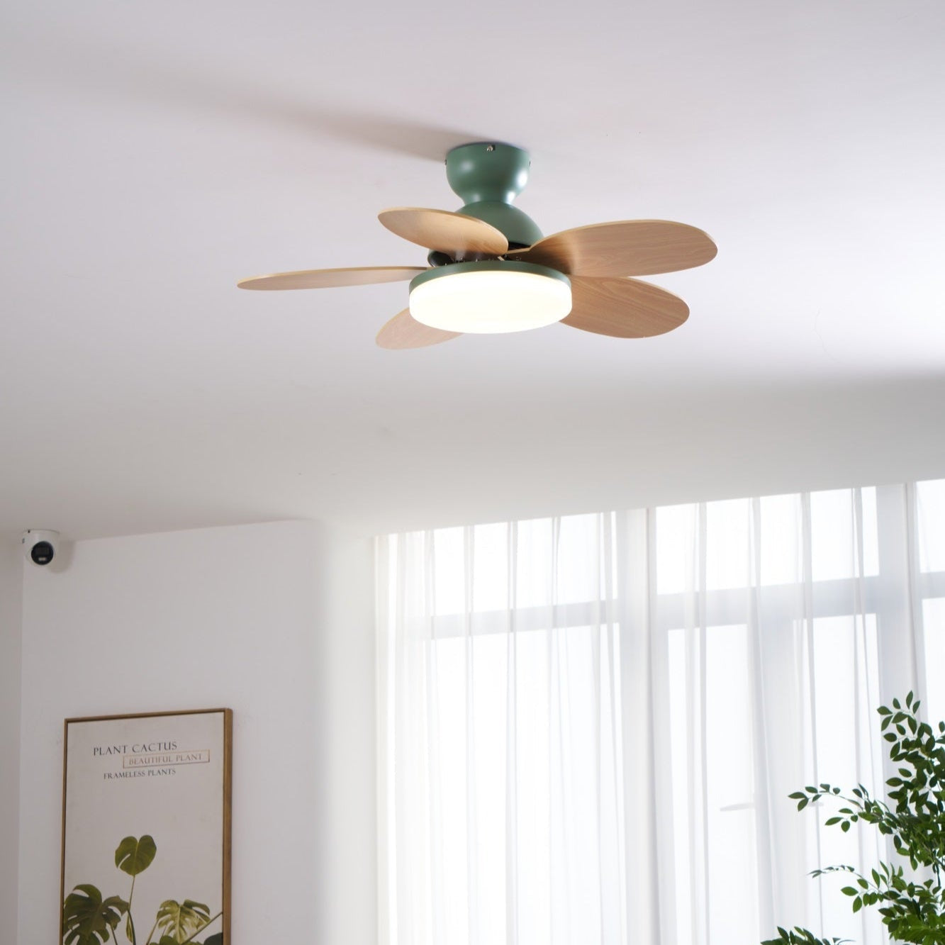 Plafonnier ventilateur Liora coloré, gros plan de l'abat-jour en acrylique