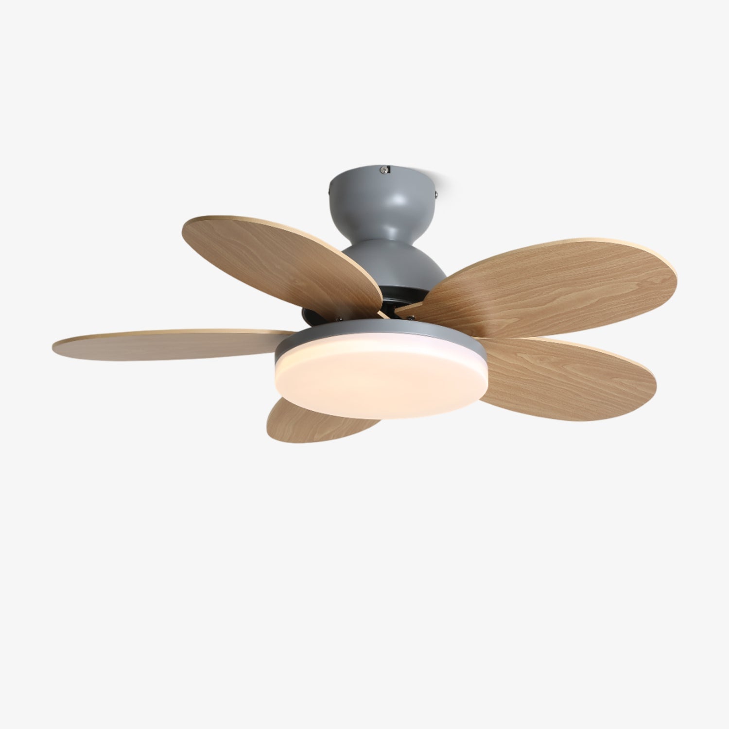 Plafonnier ventilateur Liora en verre coloré, avec abat-jour blanc