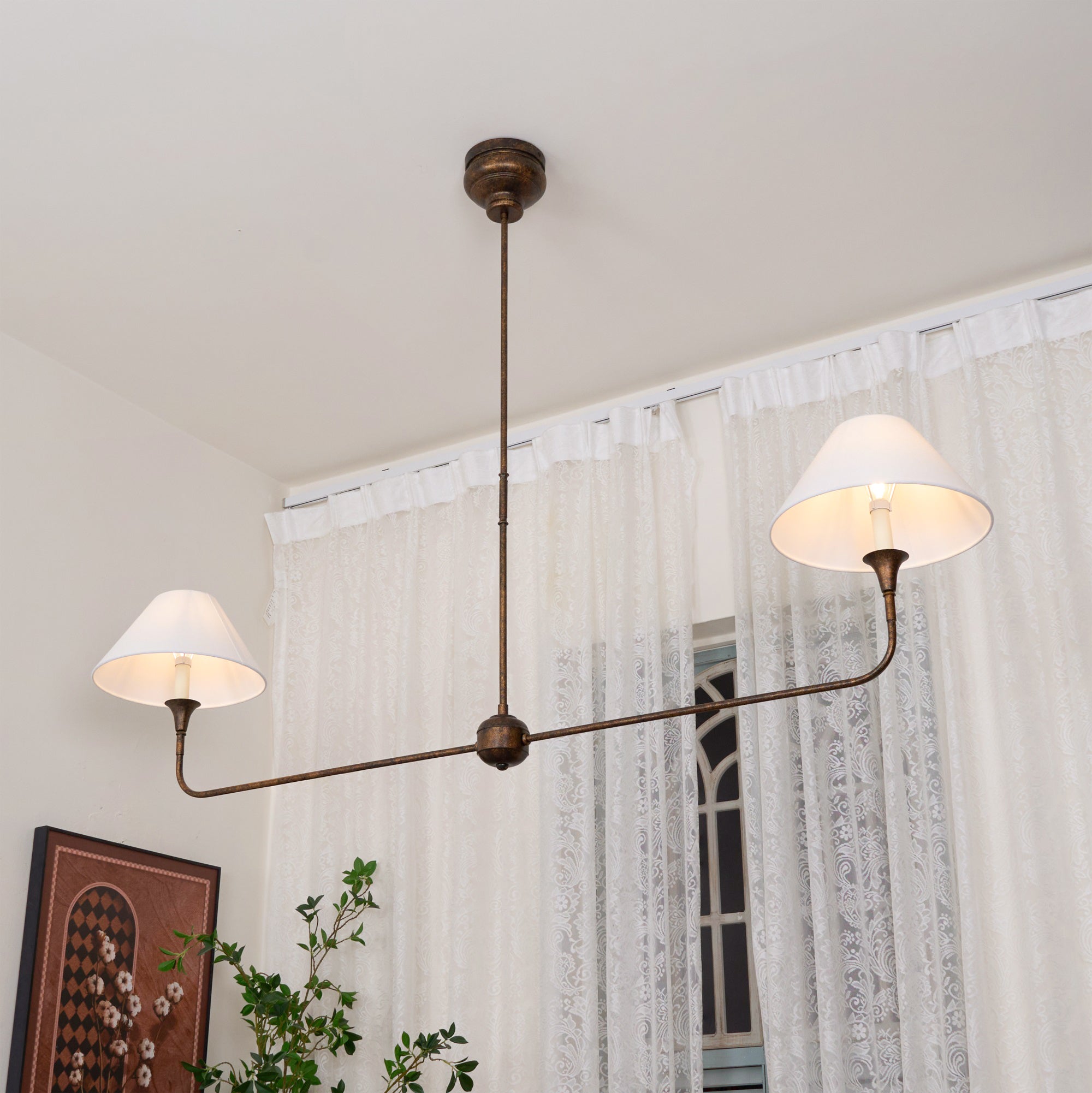 Aera Modern Minimalist Linear Antique Brass Fabric Chandelier - Lamp Copper