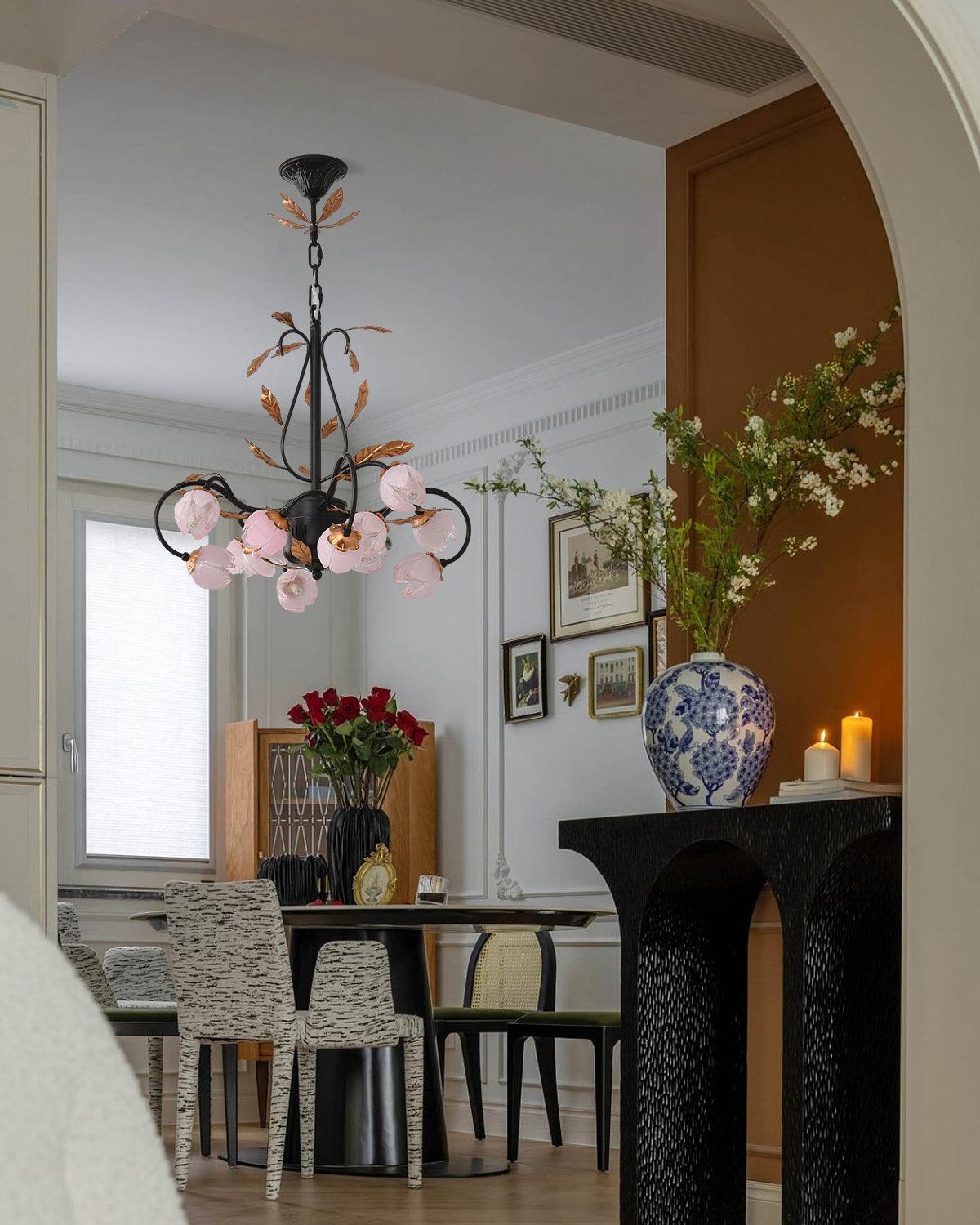 Avelora Vintage Industrial Tulip Pink Glass Metal Chandelier - Lamp Copper