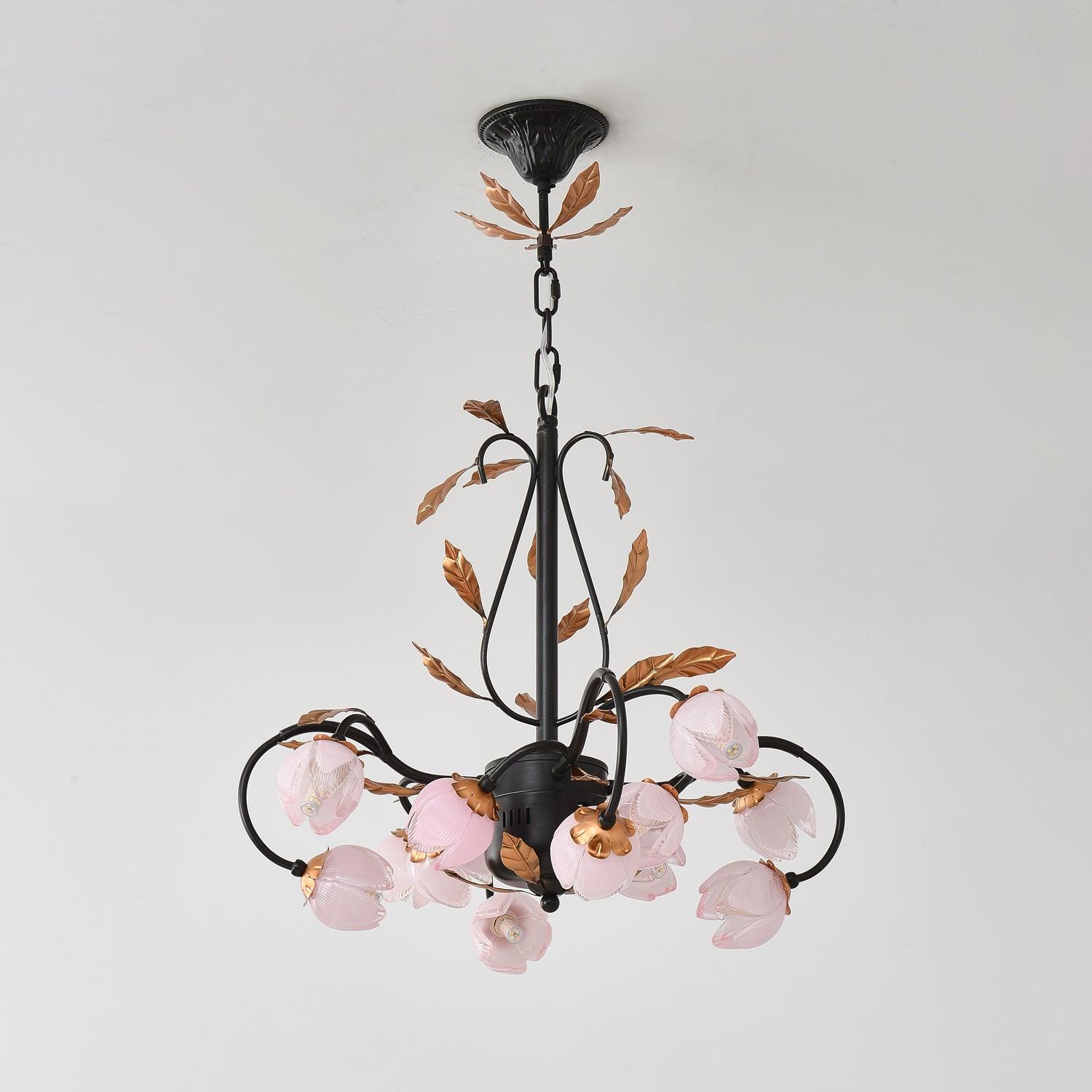 Avelora Vintage Industrial Tulip Pink Glass Metal Chandelier - Lamp Copper
