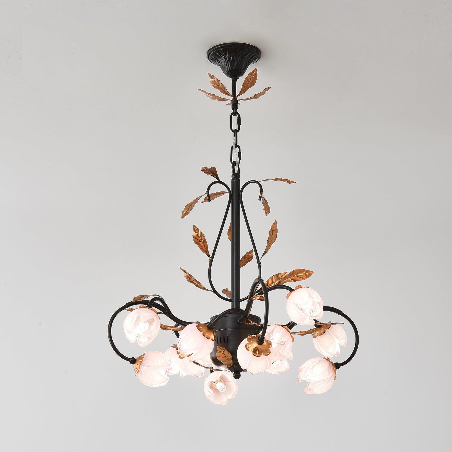 Avelora Vintage Industrial Tulip Pink Glass Metal Chandelier - Lamp Copper