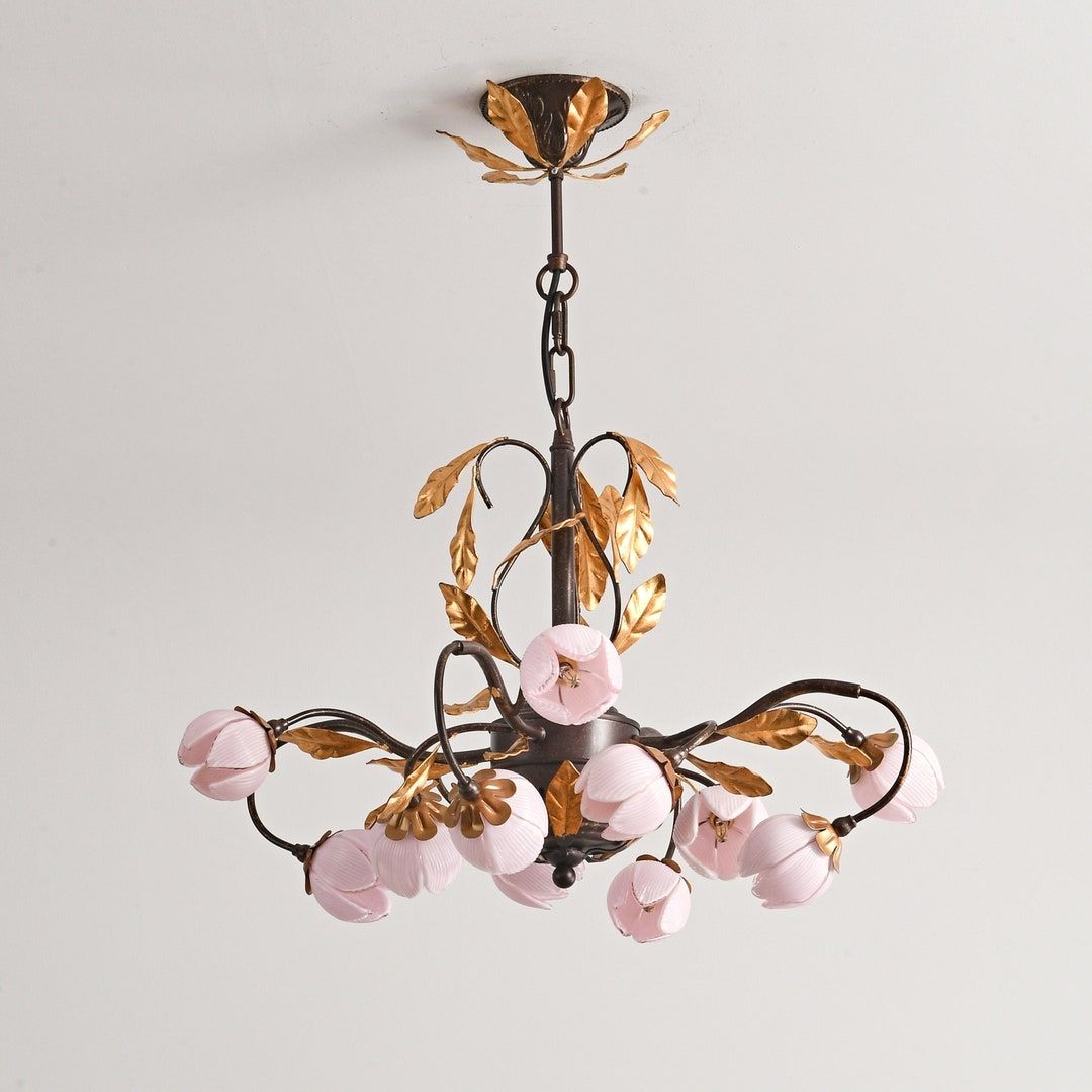 Avelora Vintage Industrial Tulip Pink Glass Metal Chandelier - Lamp Copper