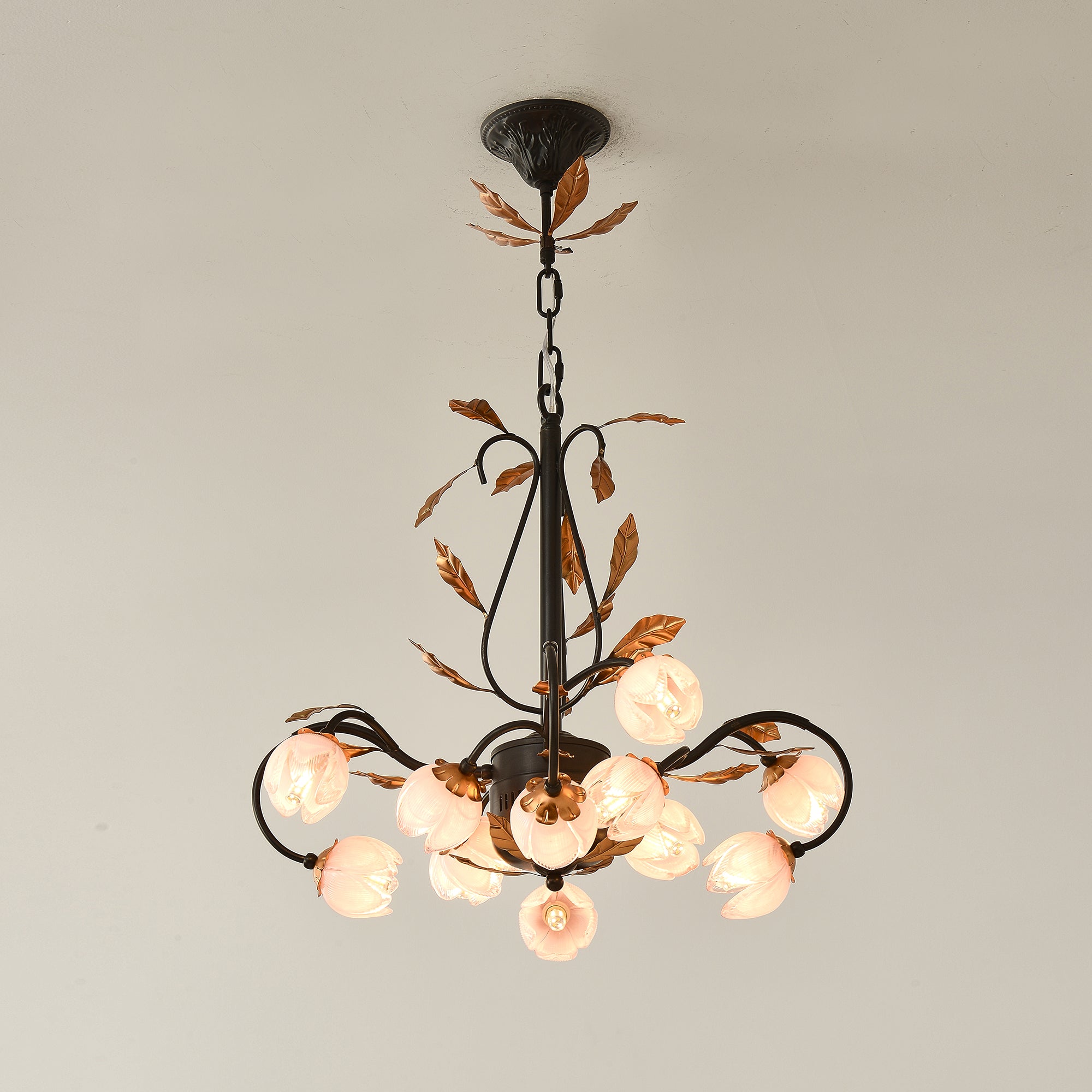 Avelora Vintage Industrial Tulip Pink Glass Metal Chandelier - Lamp Copper