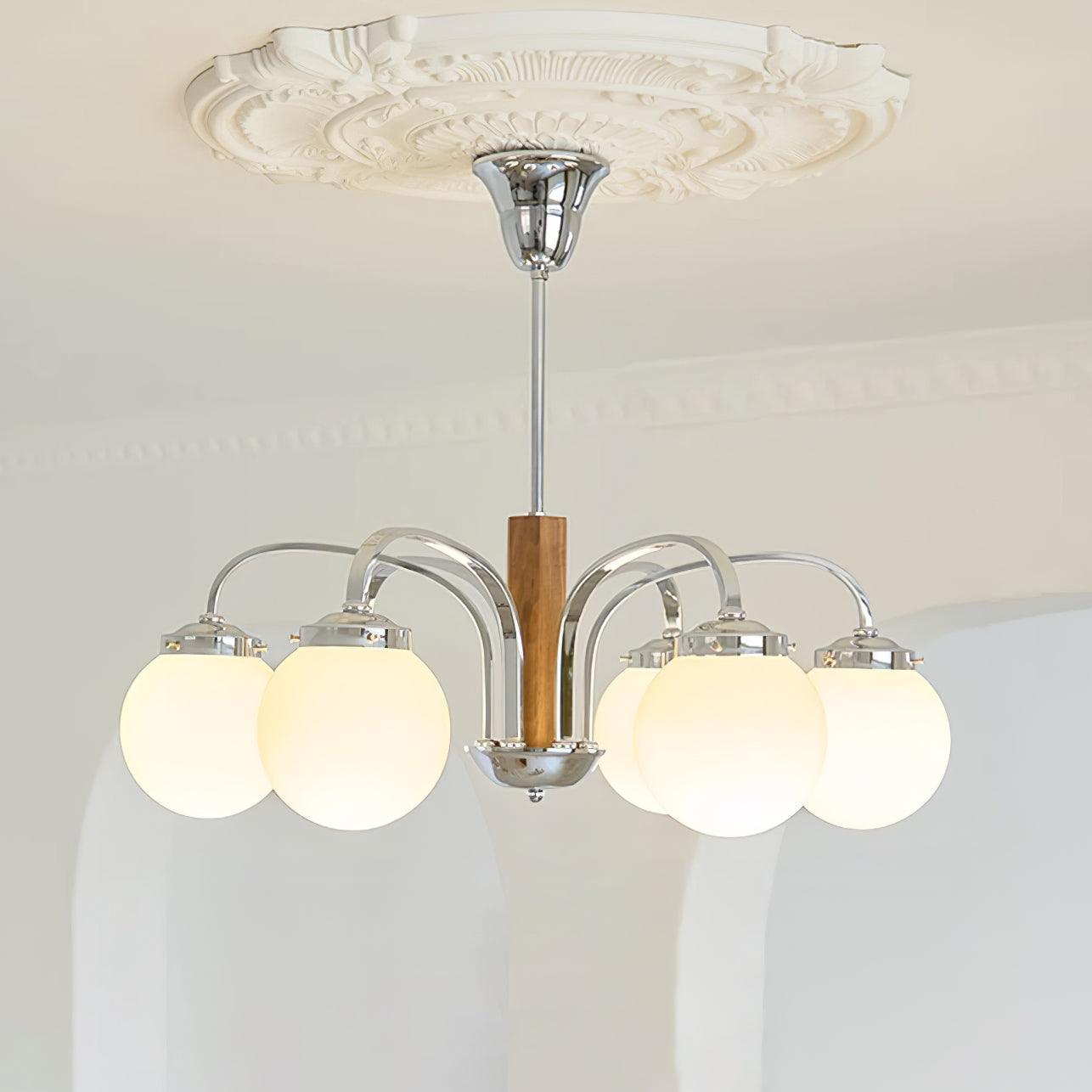 Polaris Chandelier Chrome Wood Six-Arm - Letslighting