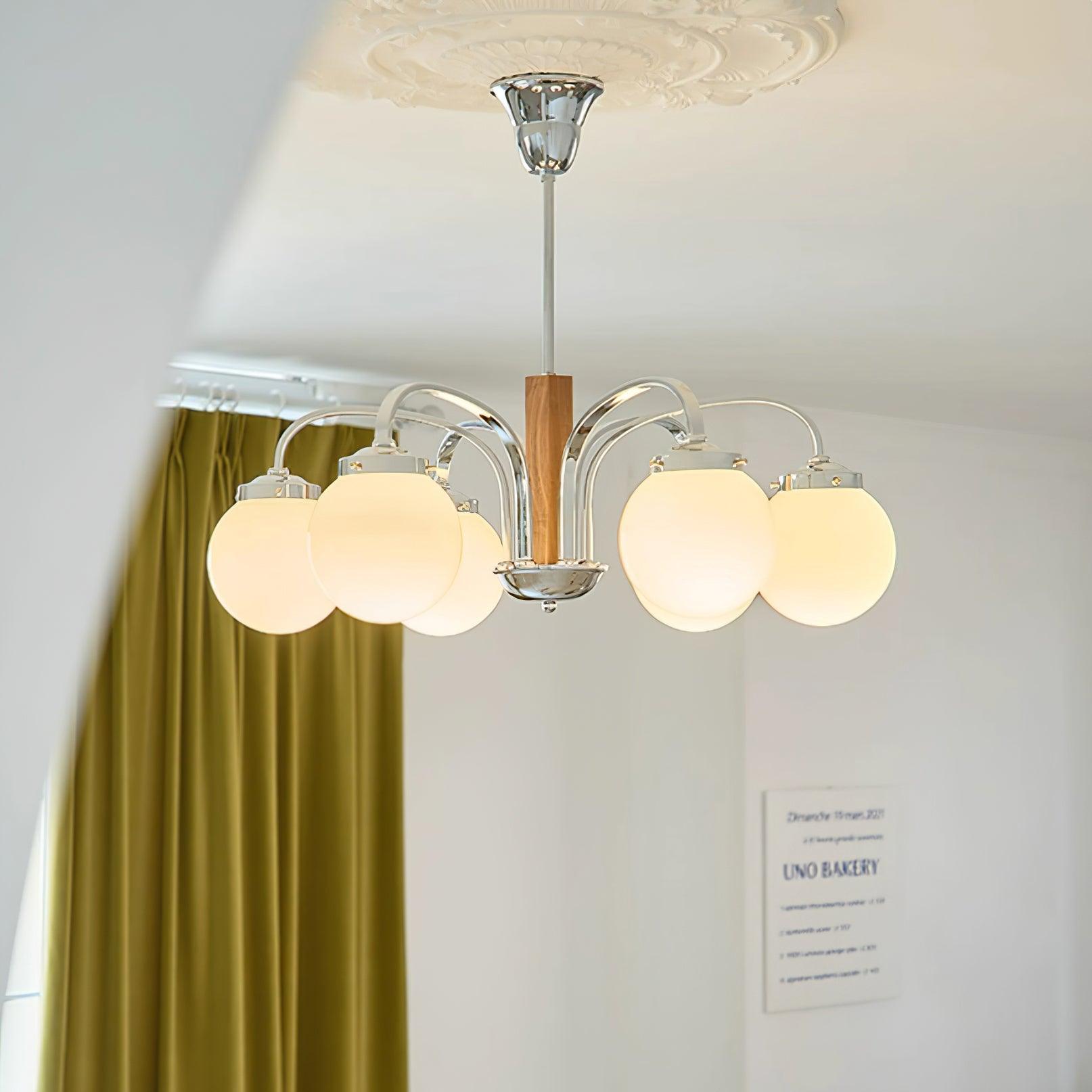 Polaris Chandelier Chrome Wood Six-Arm - Letslighting