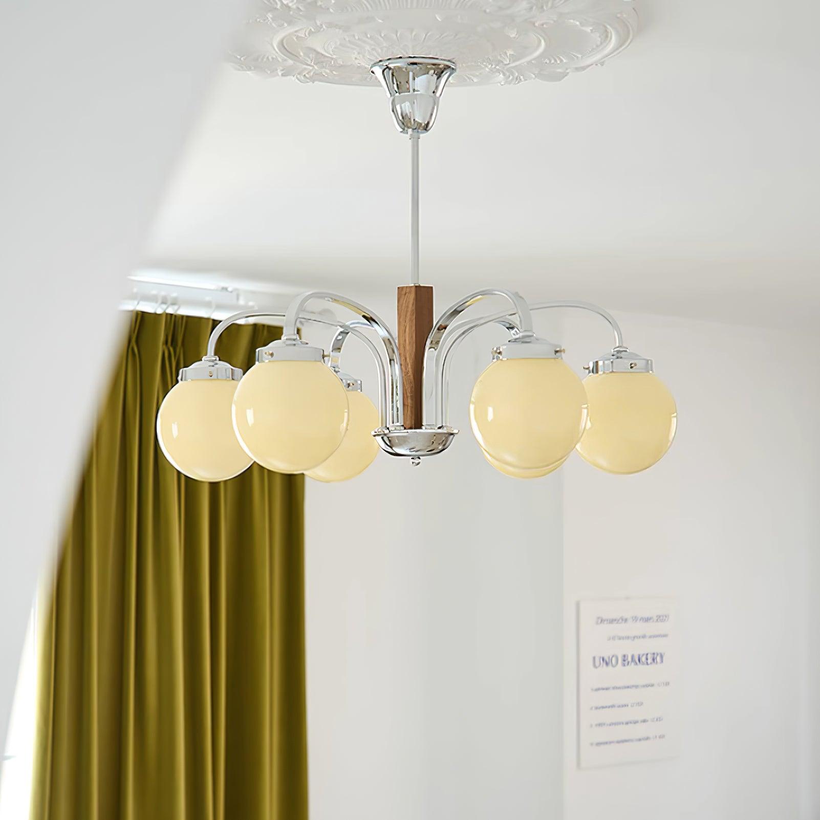 Polaris Chandelier Chrome Wood Six-Arm - Letslighting