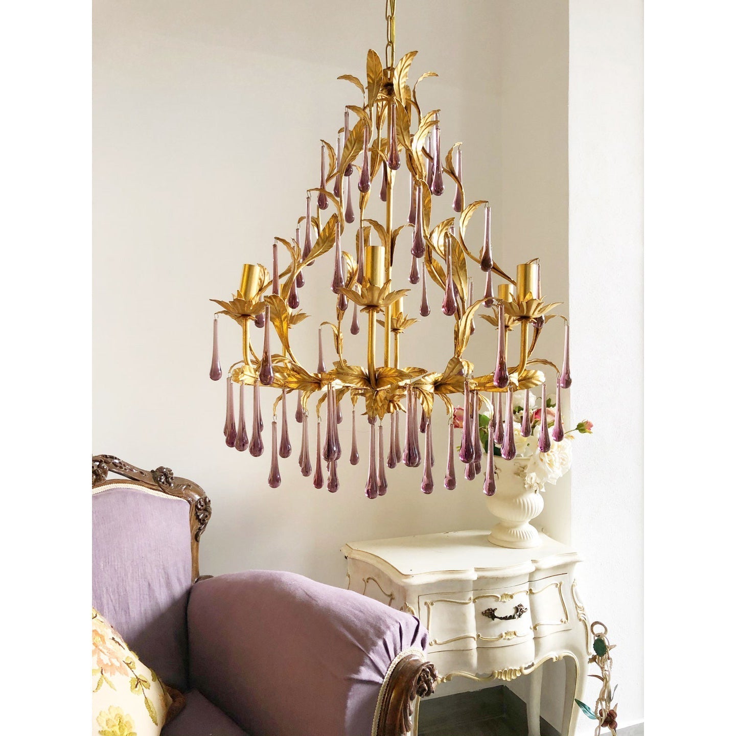 Ilvenel Postmodern Luxury Birdcage Purple Glass Chandelier - Lamp Copper