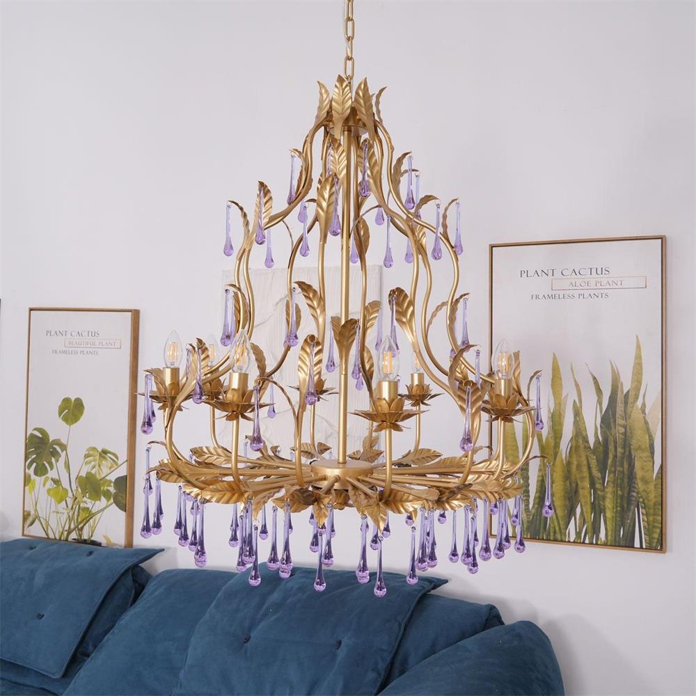 Ilvenel Postmodern Luxury Birdcage Purple Glass Chandelier - Lamp Copper