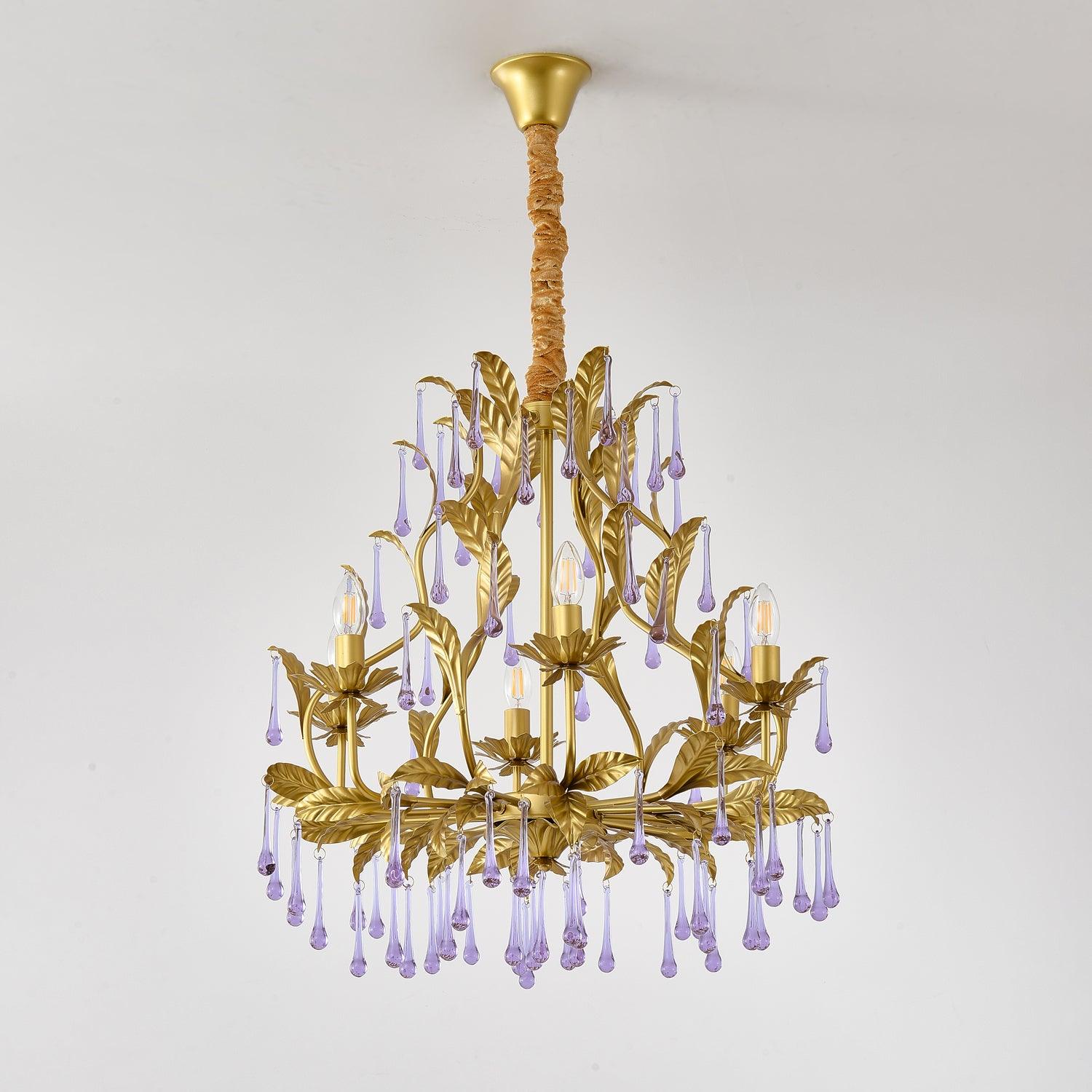 Murano Lustre Gouttes de Cristal Violet Feuilles Dorées - Neutralighting