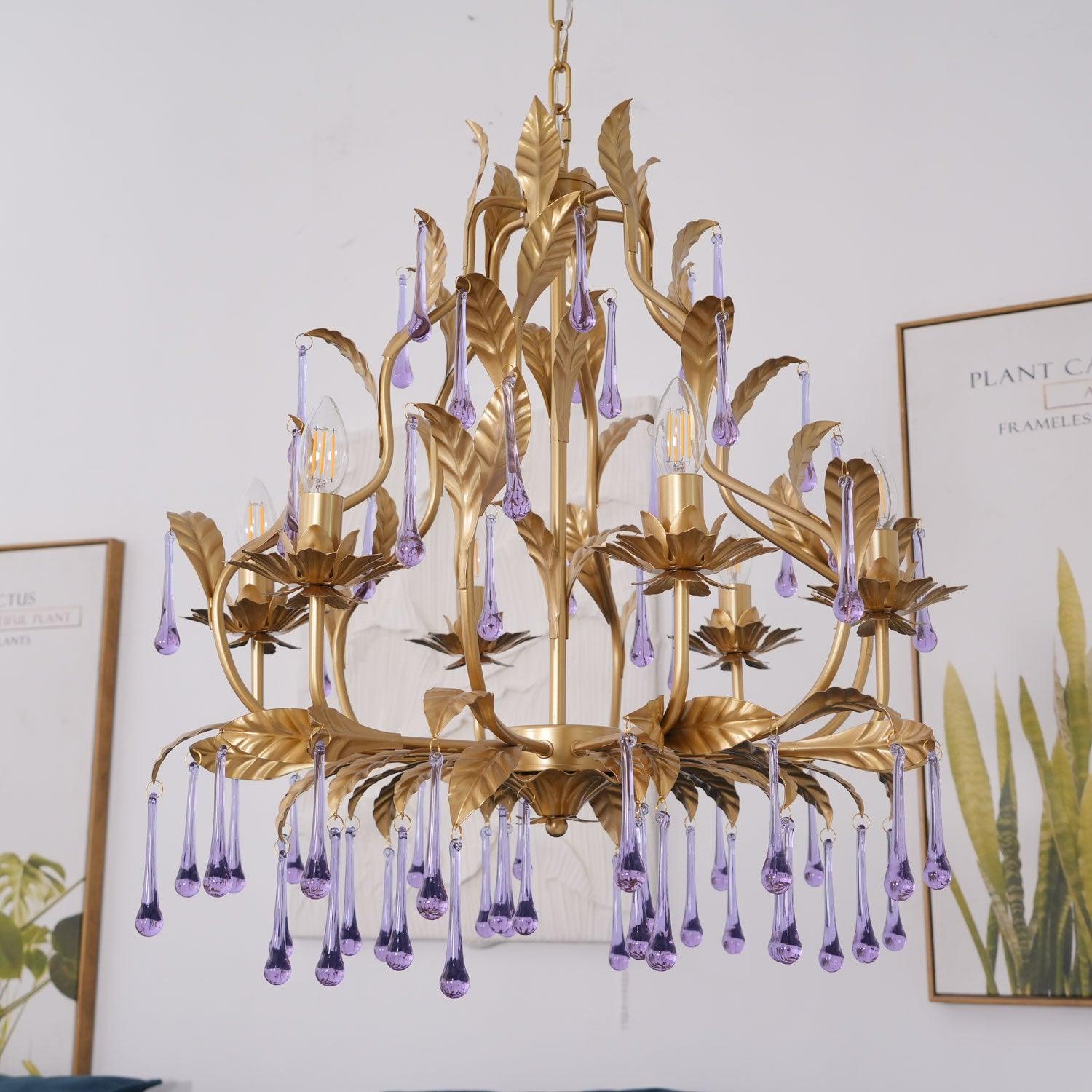 Lustra Lustre Murano Violet Feuilles Dorées Cristal Élégance - Neutralighting
