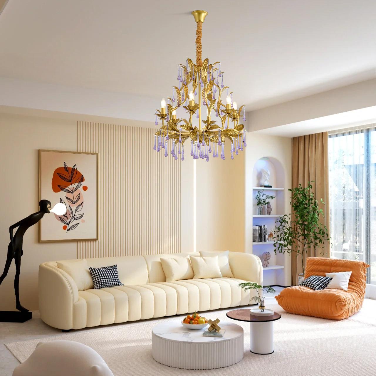 Lustra Lustre Murano Violet Feuilles Dorées Cristal Élégance - Neutralighting