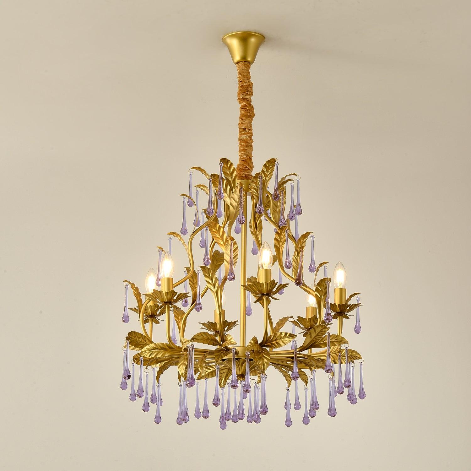 Murano Lustre Gouttes de Cristal Violet Feuilles Dorées - Neutralighting