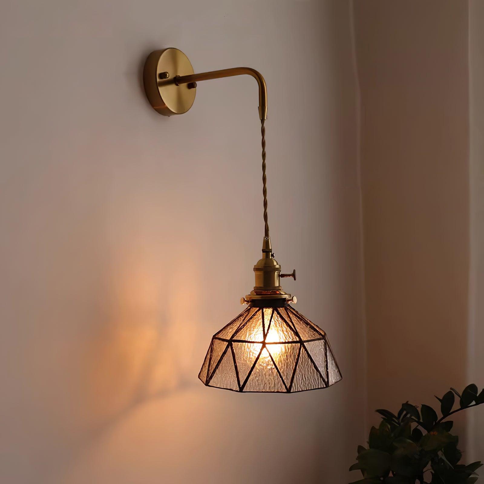 Wall Lamp Geometric Stained Glass Shade Vintage Brass Arm Pastoral - Letslighting