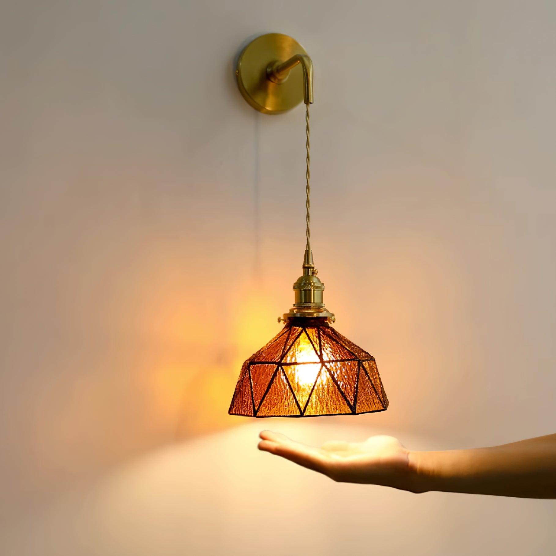 Wall Lamp Geometric Stained Glass Shade Vintage Brass Arm Pastoral - Letslighting