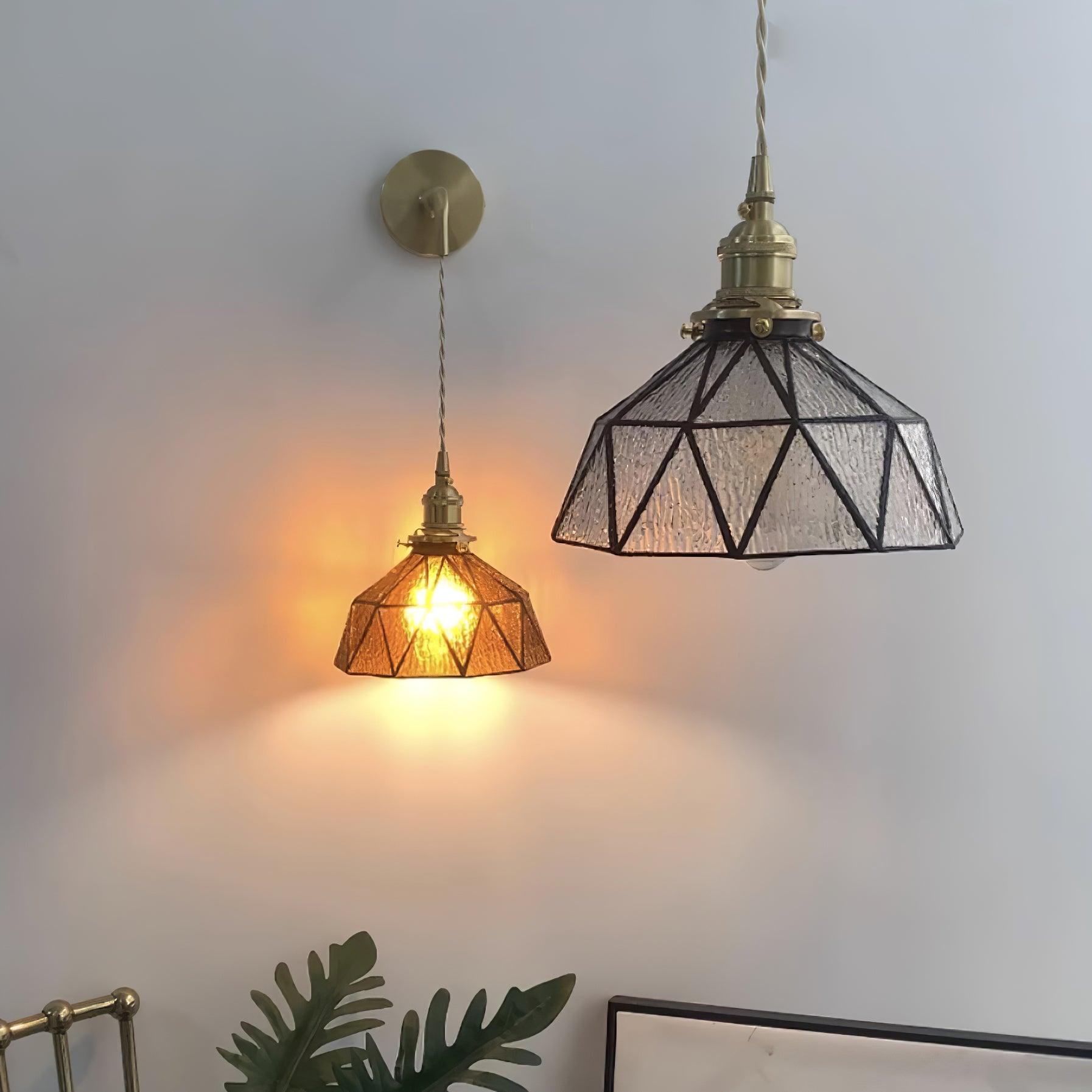 Wall Lamp Geometric Stained Glass Shade Vintage Brass Arm Pastoral - Letslighting