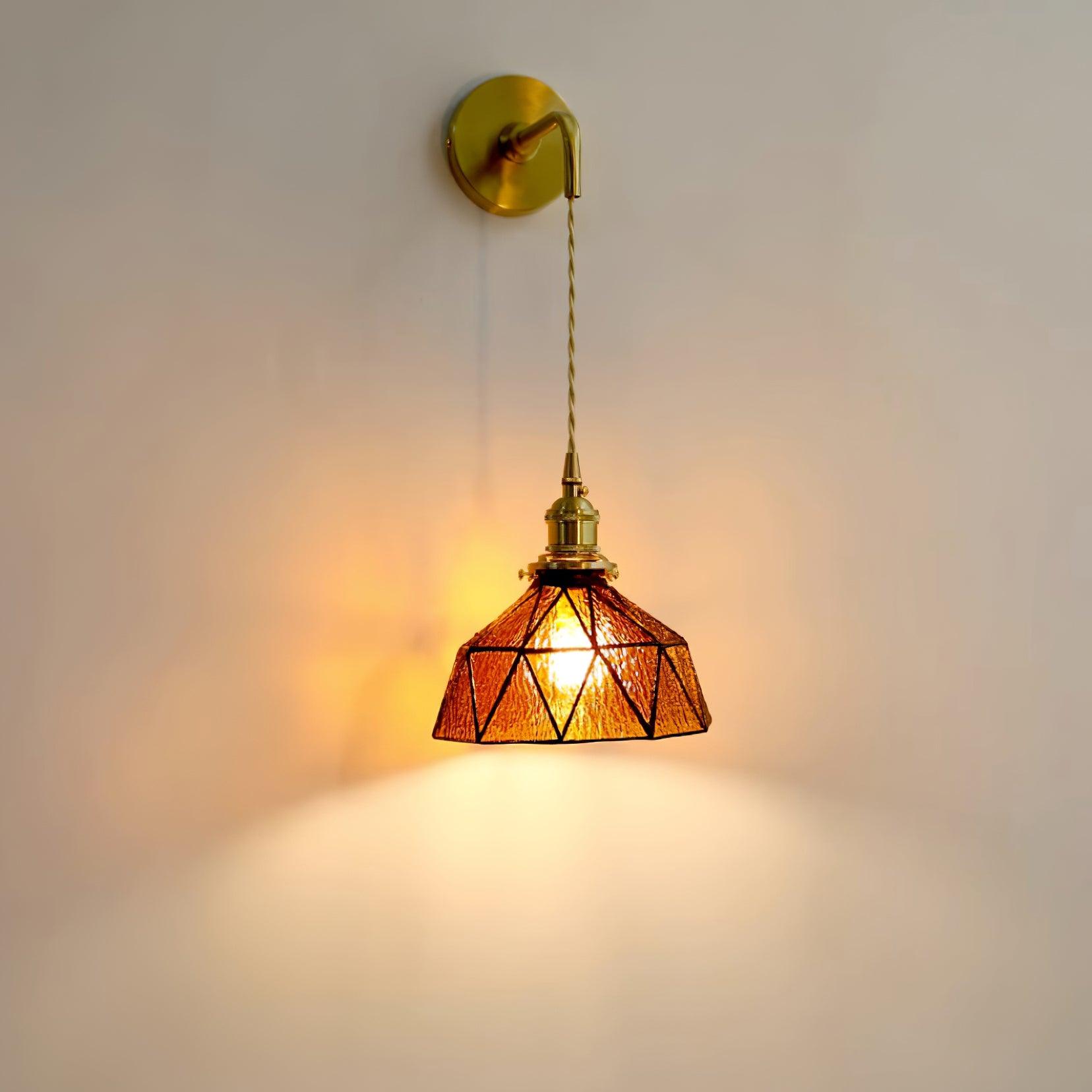 Wall Lamp Geometric Stained Glass Shade Vintage Brass Arm Pastoral - Letslighting