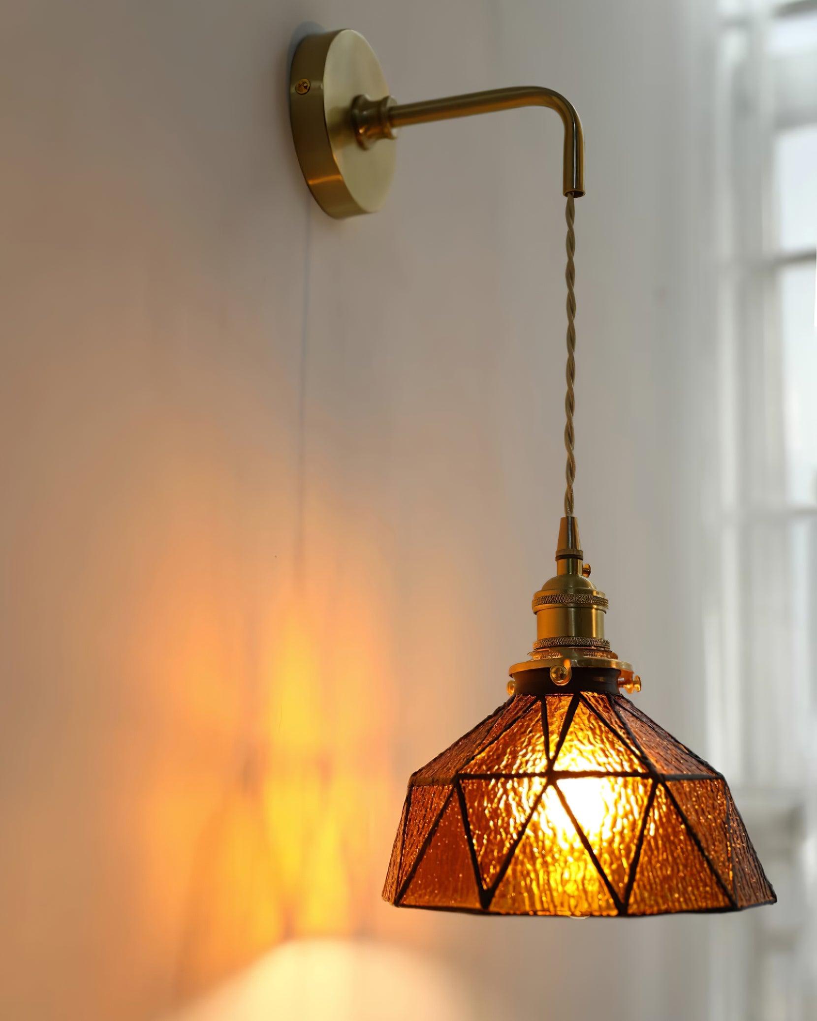 Wall Lamp Geometric Stained Glass Shade Vintage Brass Arm Pastoral - Letslighting