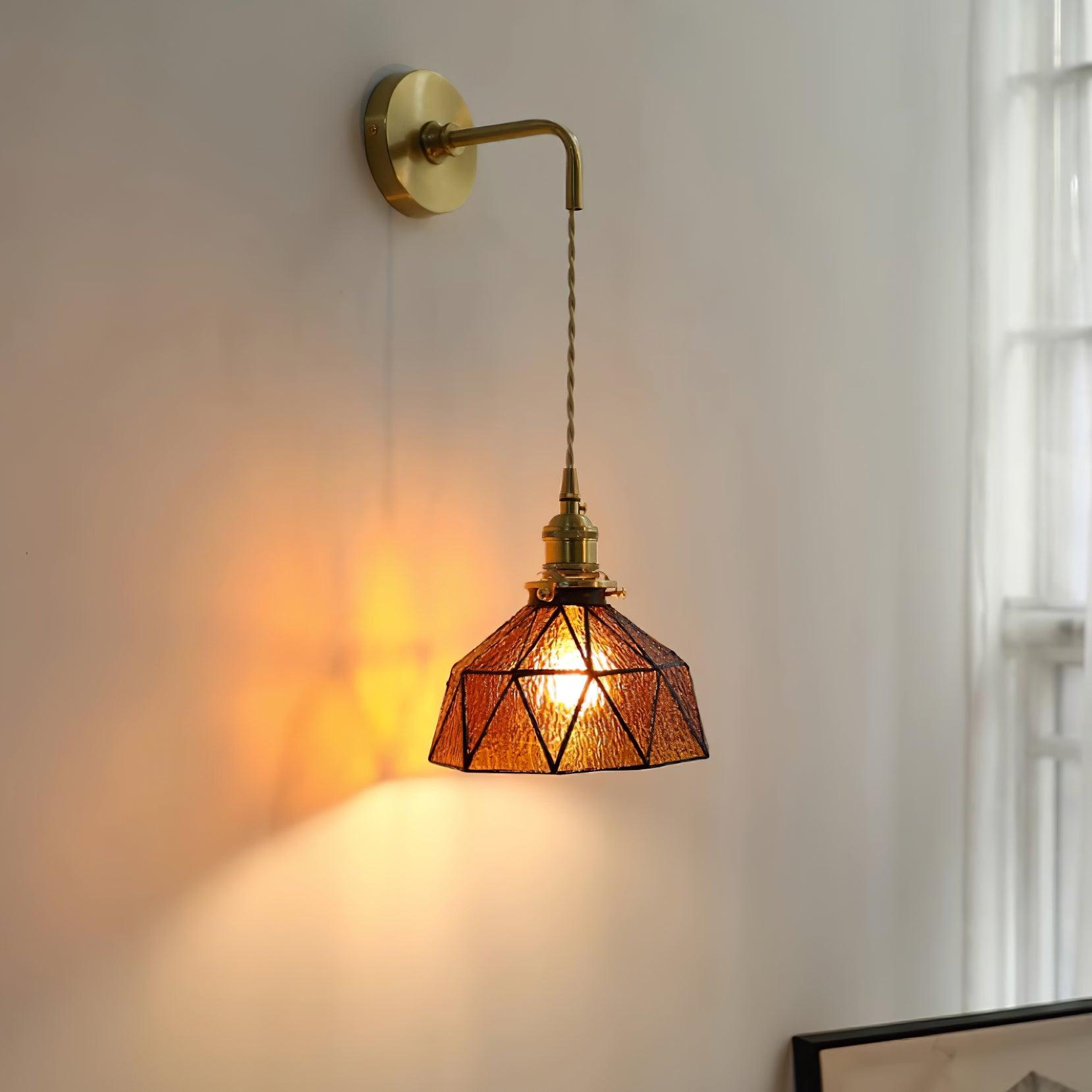 Wall Lamp Geometric Stained Glass Shade Vintage Brass Arm Pastoral - Letslighting