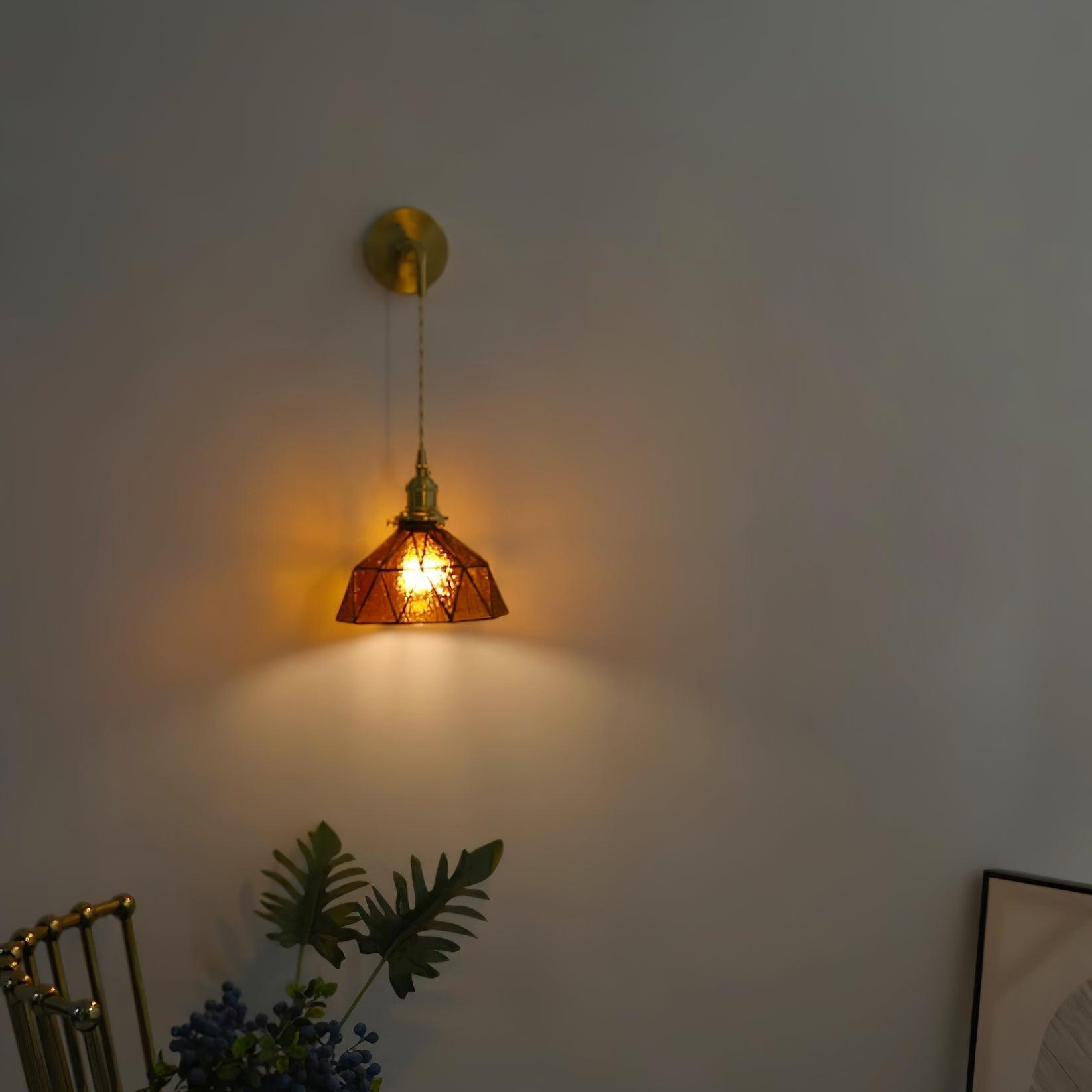 Wall Lamp Geometric Stained Glass Shade Vintage Brass Arm Pastoral - Letslighting