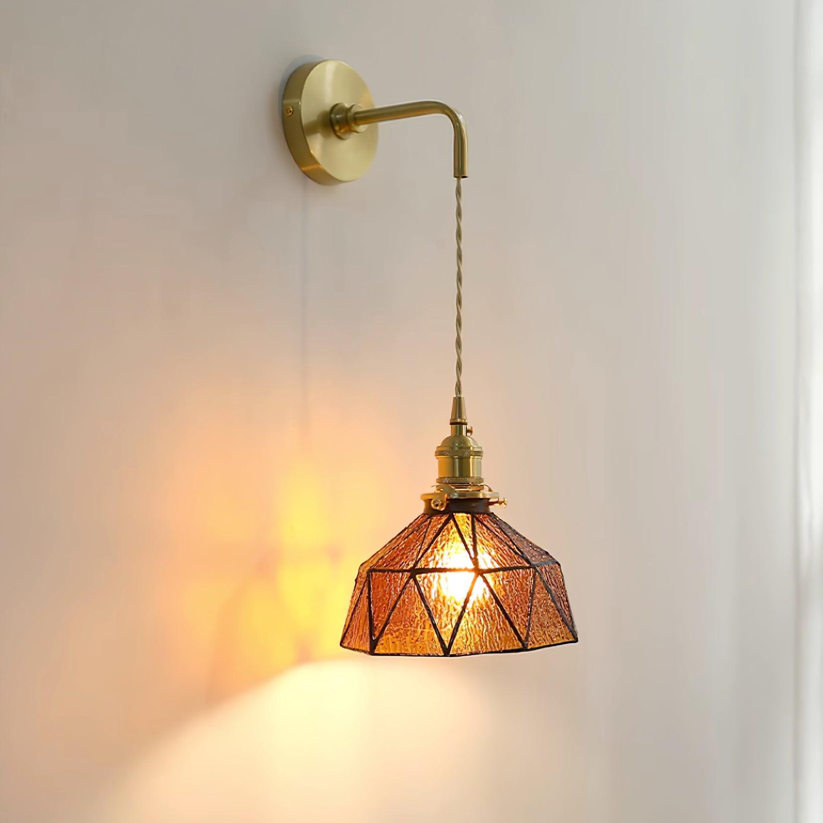 Wall Lamp Geometric Stained Glass Shade Vintage Brass Arm Pastoral - Letslighting