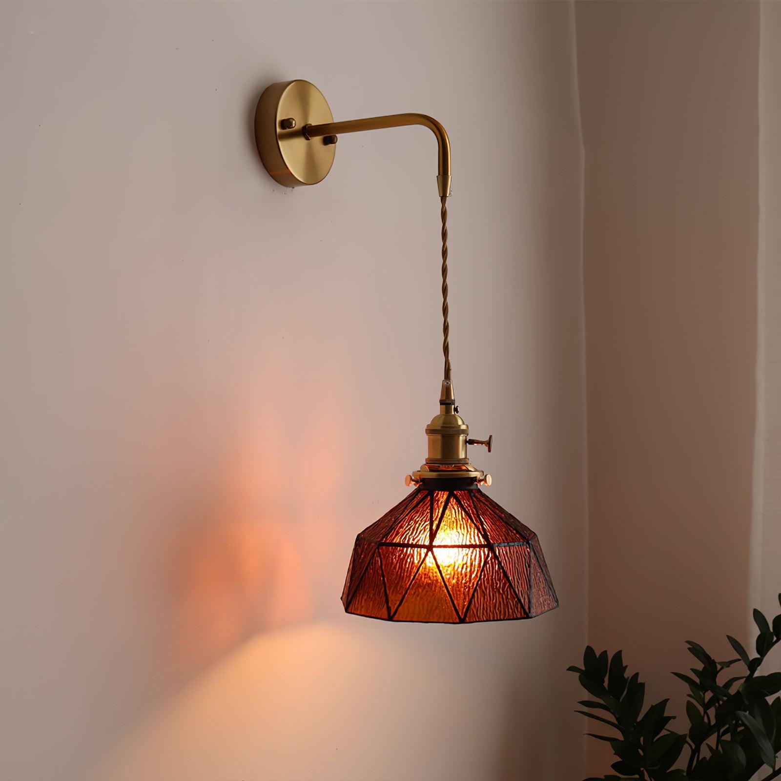Wall Lamp Geometric Stained Glass Shade Vintage Brass Arm Pastoral - Letslighting
