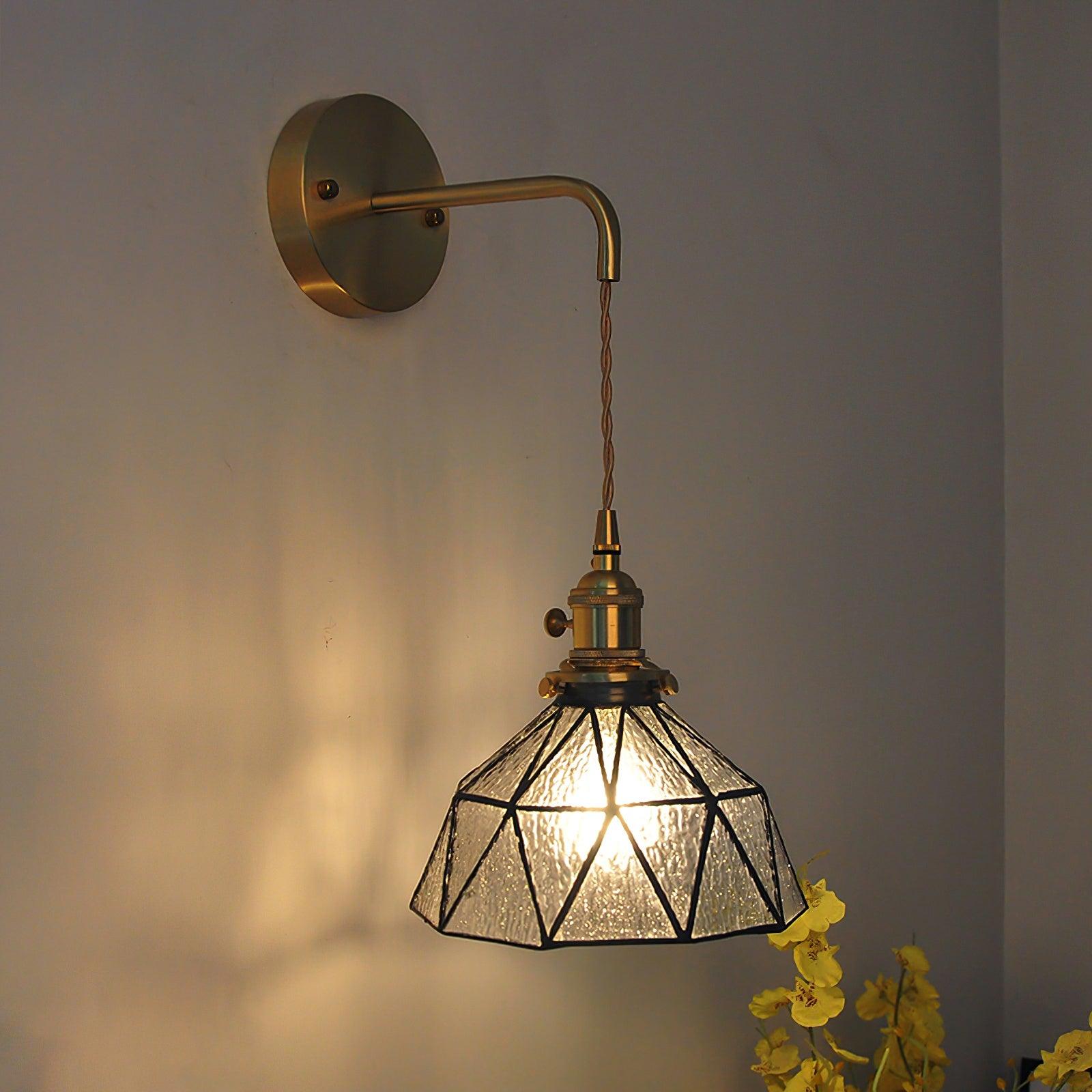 Wall Lamp Geometric Stained Glass Shade Vintage Brass Arm Pastoral - Letslighting