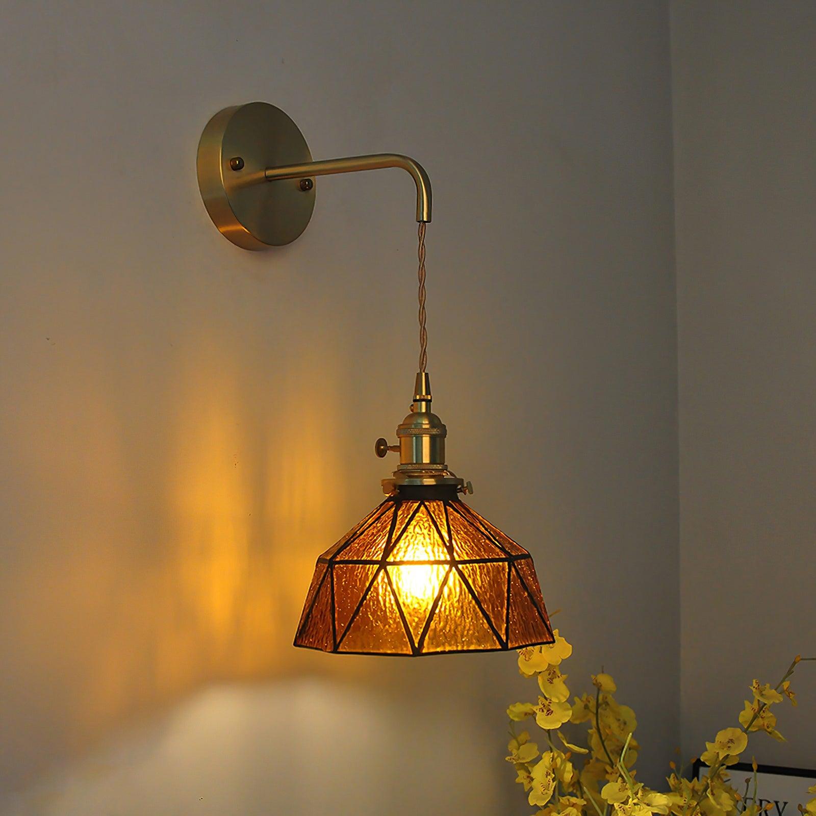 Wall Lamp Geometric Stained Glass Shade Vintage Brass Arm Pastoral - Letslighting