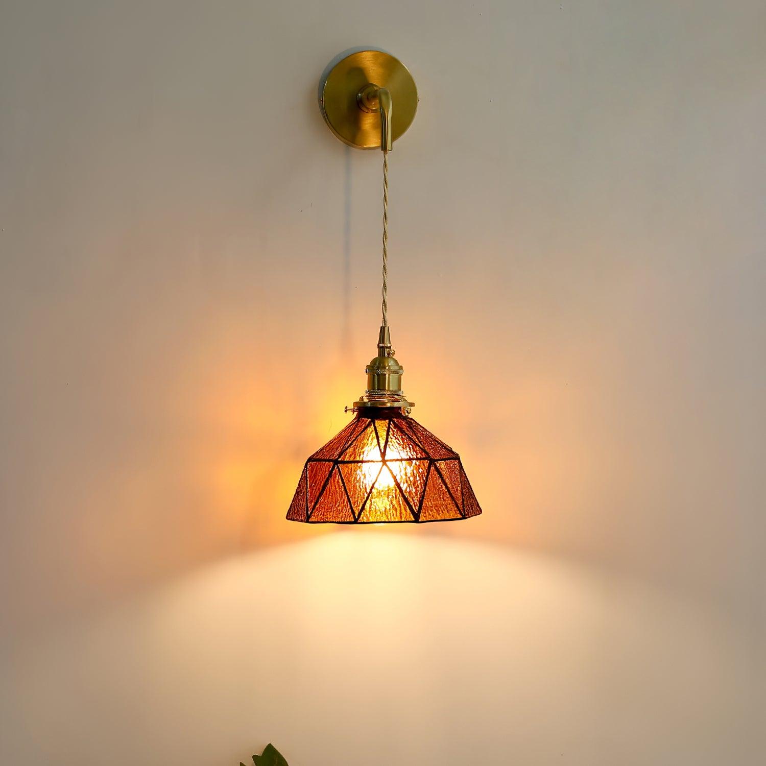 Wall Lamp Geometric Stained Glass Shade Vintage Brass Arm Pastoral - Letslighting