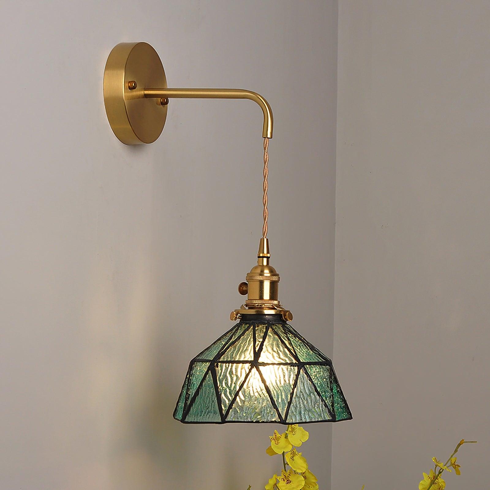 Wall Lamp Geometric Stained Glass Shade Vintage Brass Arm Pastoral - Letslighting