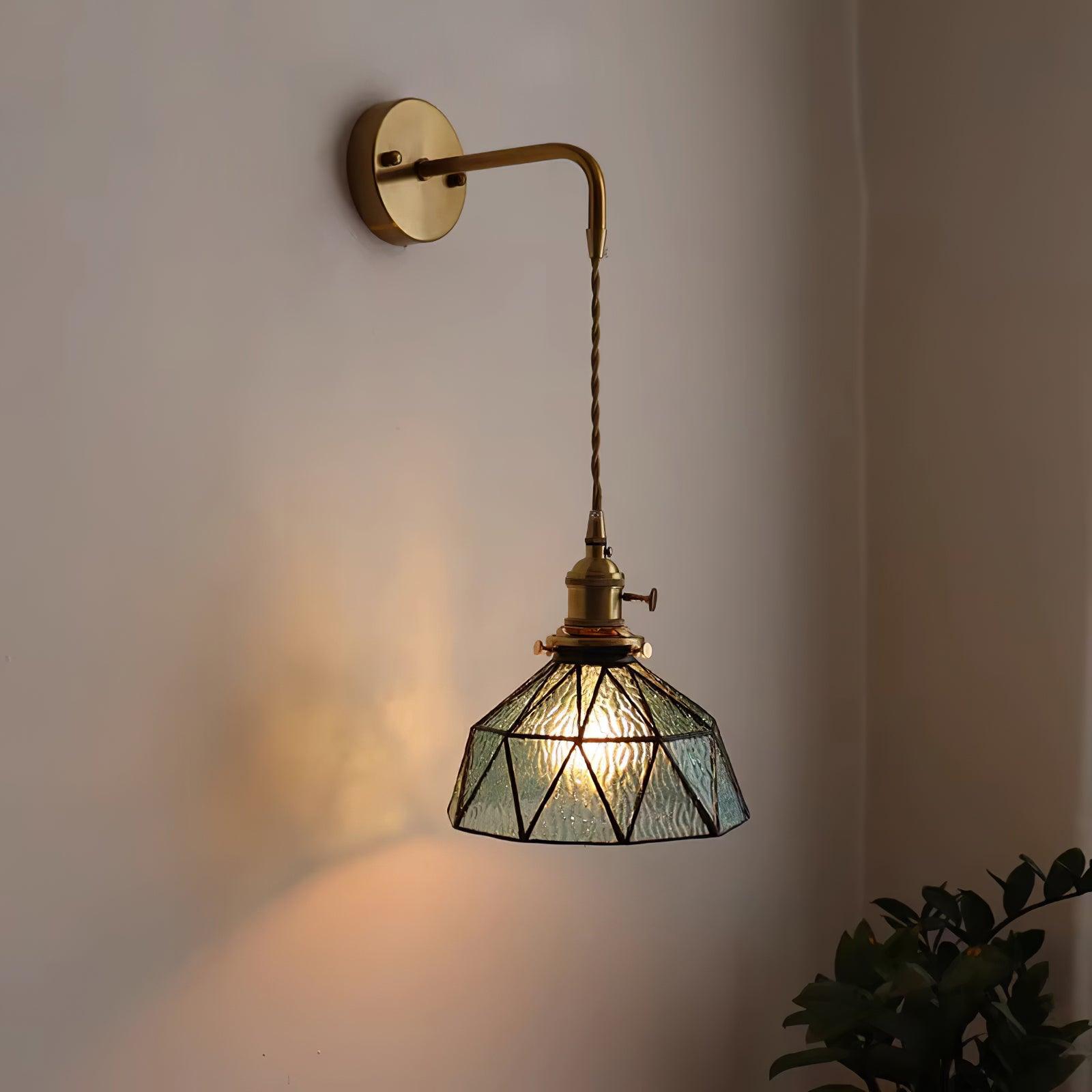 Wall Lamp Geometric Stained Glass Shade Vintage Brass Arm Pastoral - Letslighting
