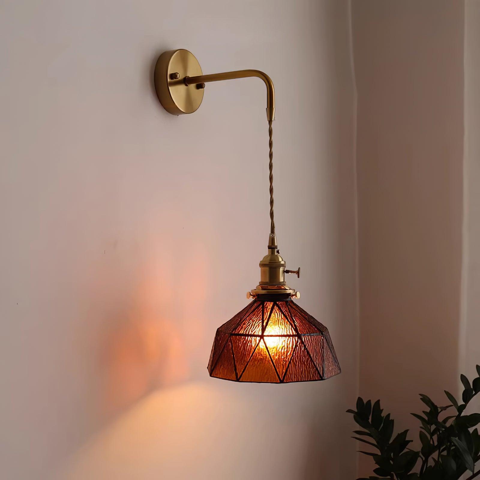 Wall Lamp Geometric Stained Glass Shade Vintage Brass Arm Pastoral - Letslighting