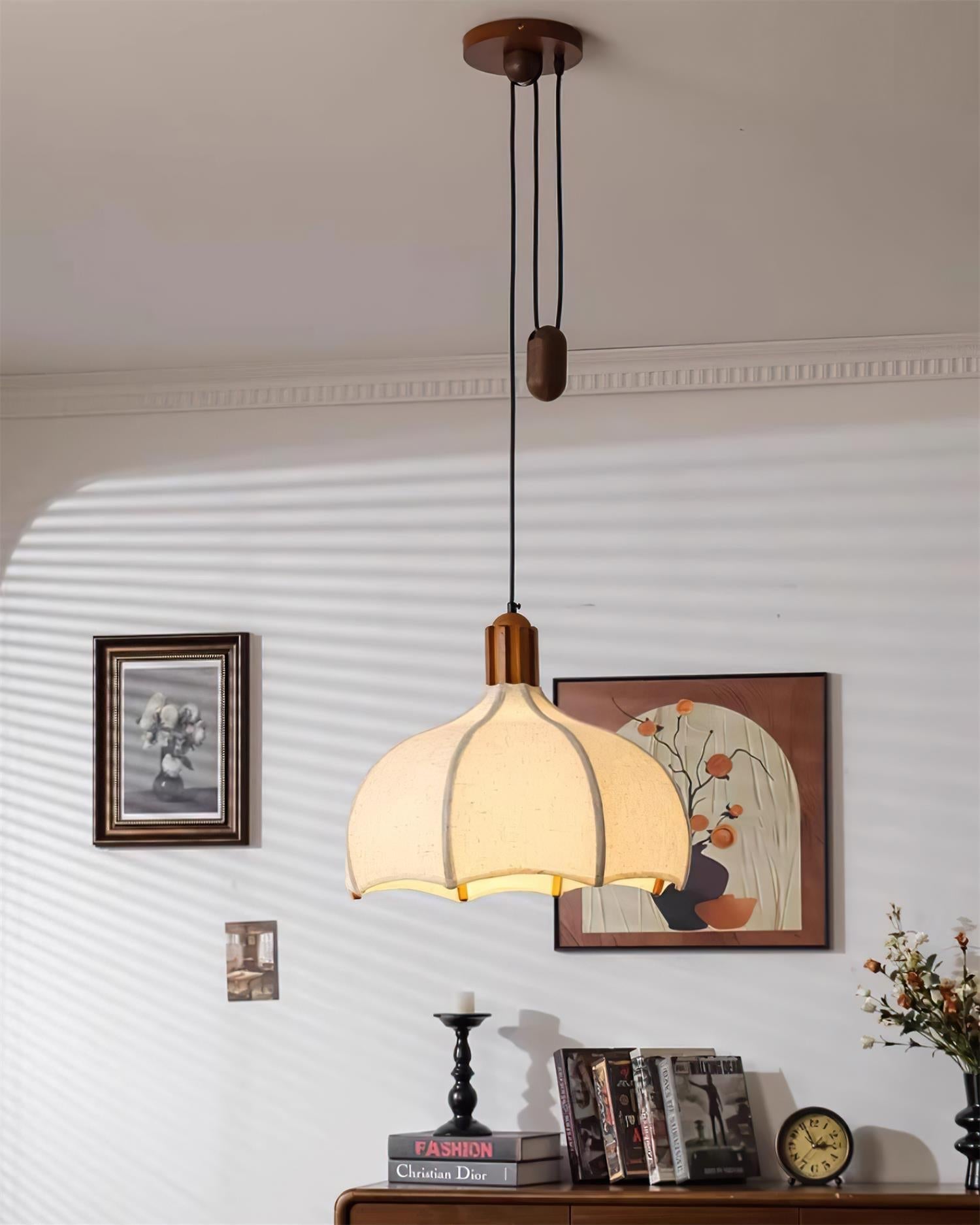 Revi Pendant Lamp Wood Fabric Scalloped Adjustable - Letslighting