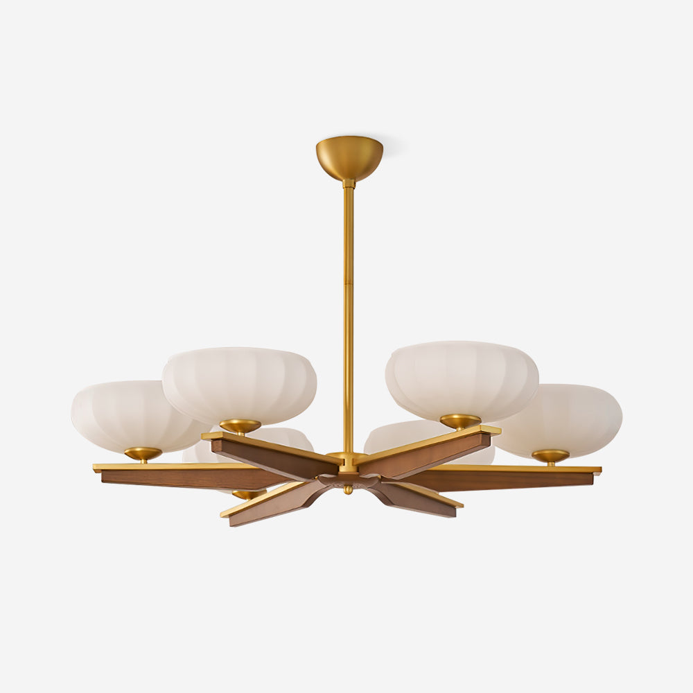 Chandelier Walnut Wood Arms and Opal Glass Shades Midcentury - Letslighting