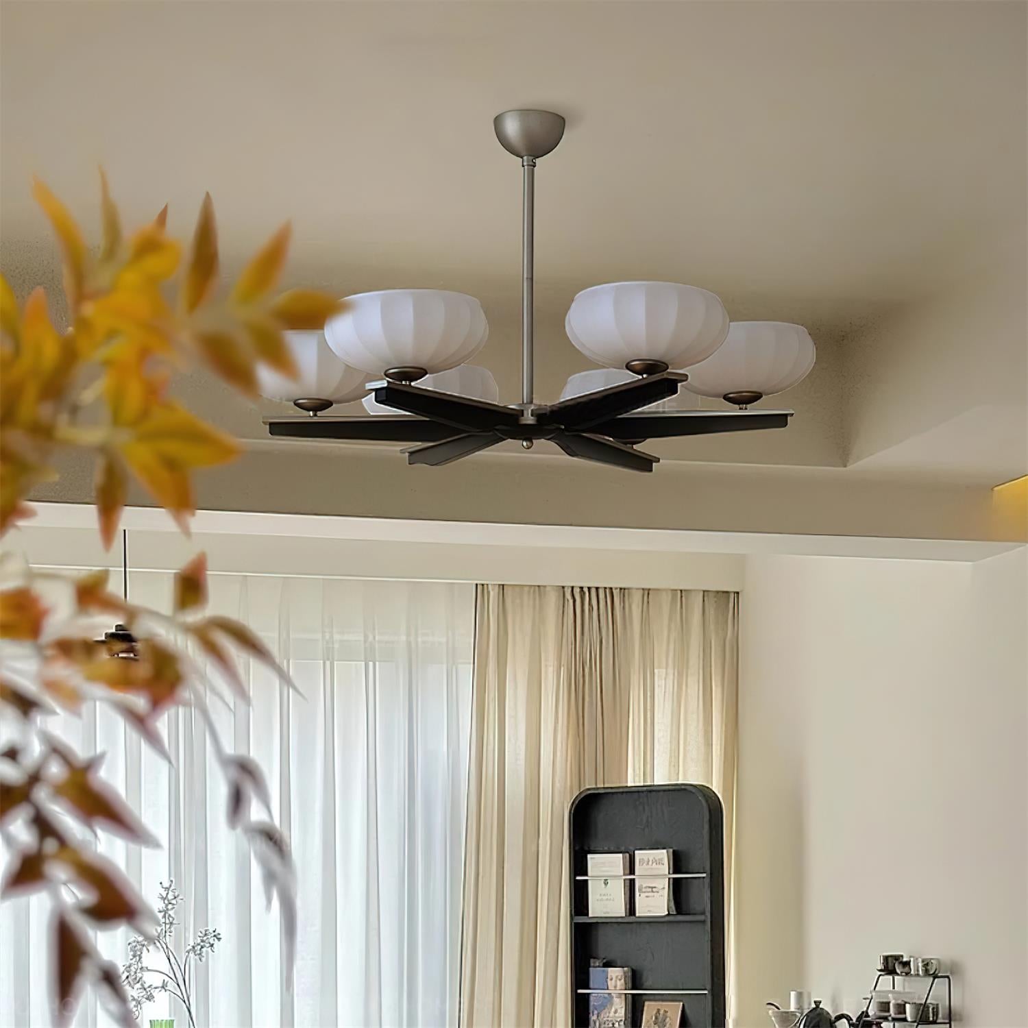 Chandelier Walnut Wood Arms and Opal Glass Shades Midcentury - Letslighting