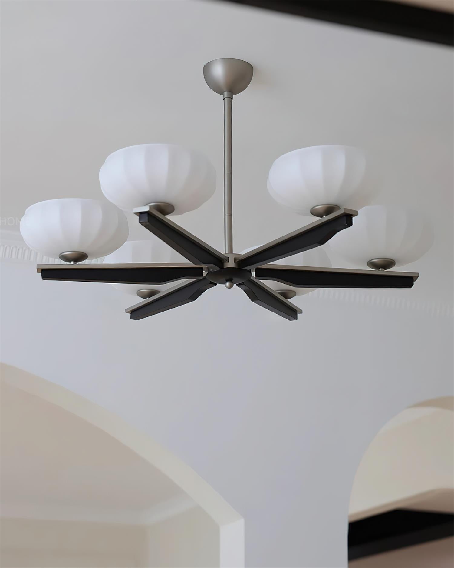 Chandelier Walnut Wood Arms and Opal Glass Shades Midcentury - Letslighting